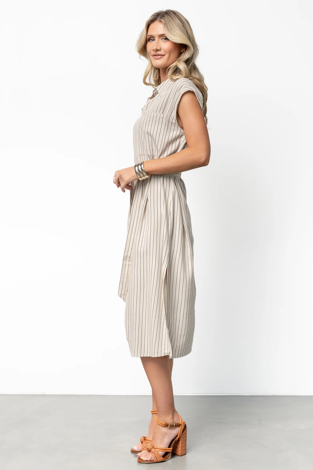 Toledo Button Up Midi Dress | Beige Stripe