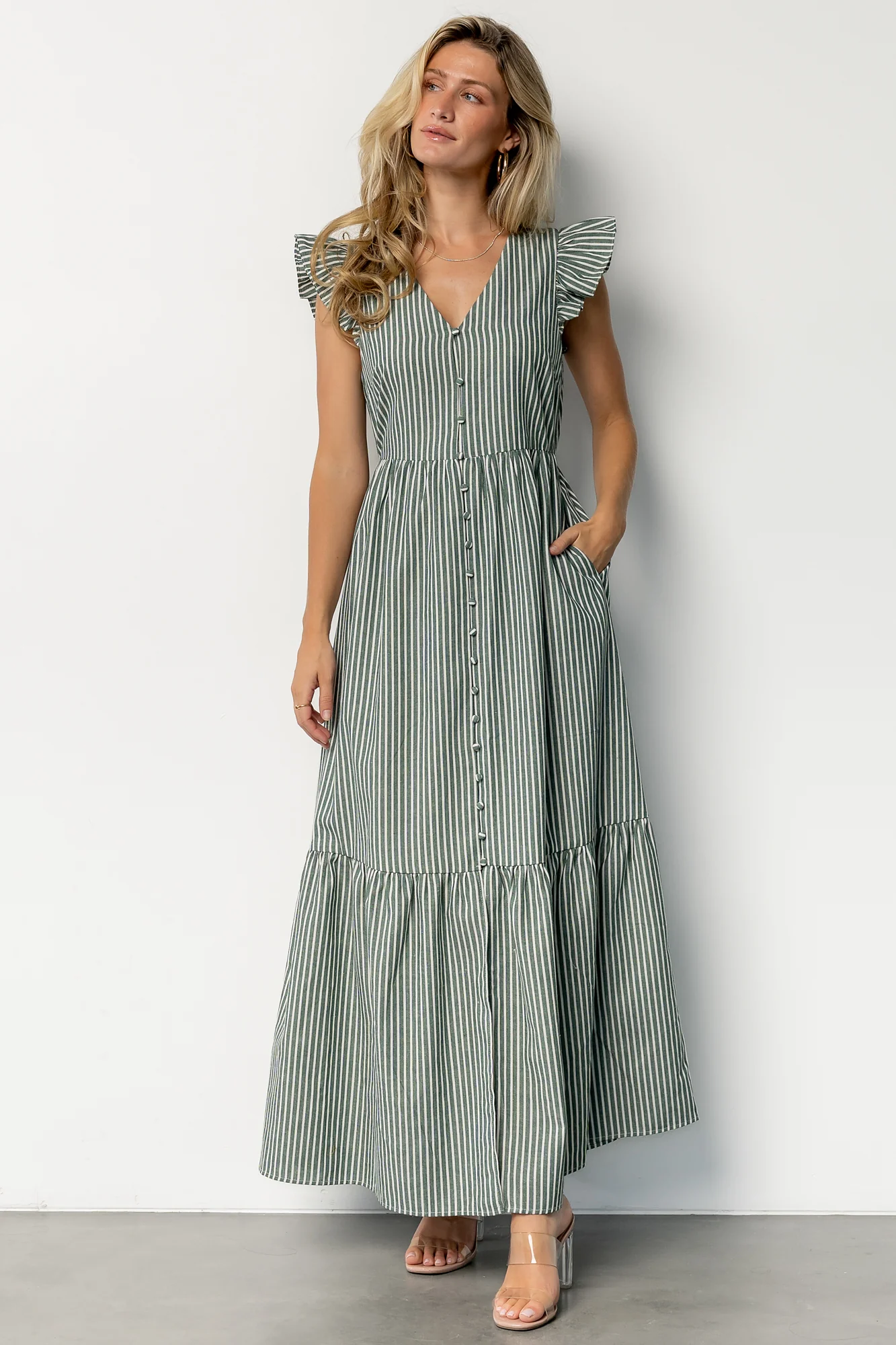 Hettie Button Maxi Dress | Green Stripe