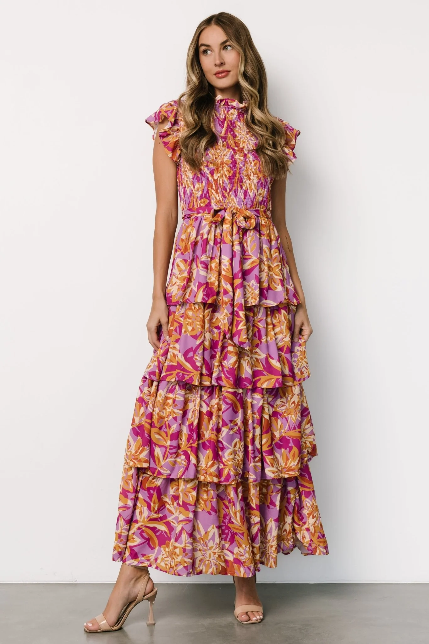Mya Smocked Maxi Dress | Orchid + Gold Print