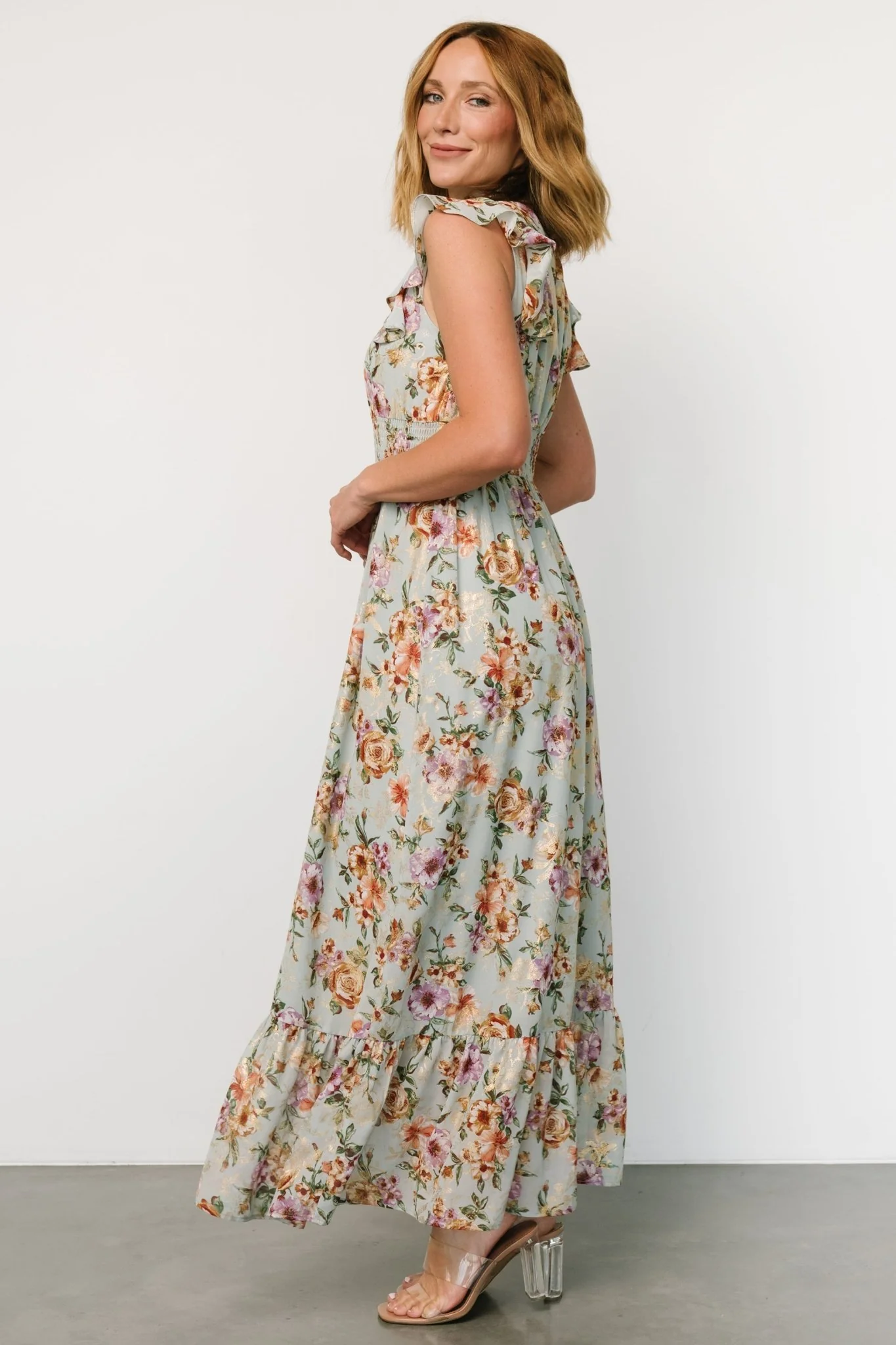 Kearny Ruffle Maxi Dress | Light Blue Floral + Gold