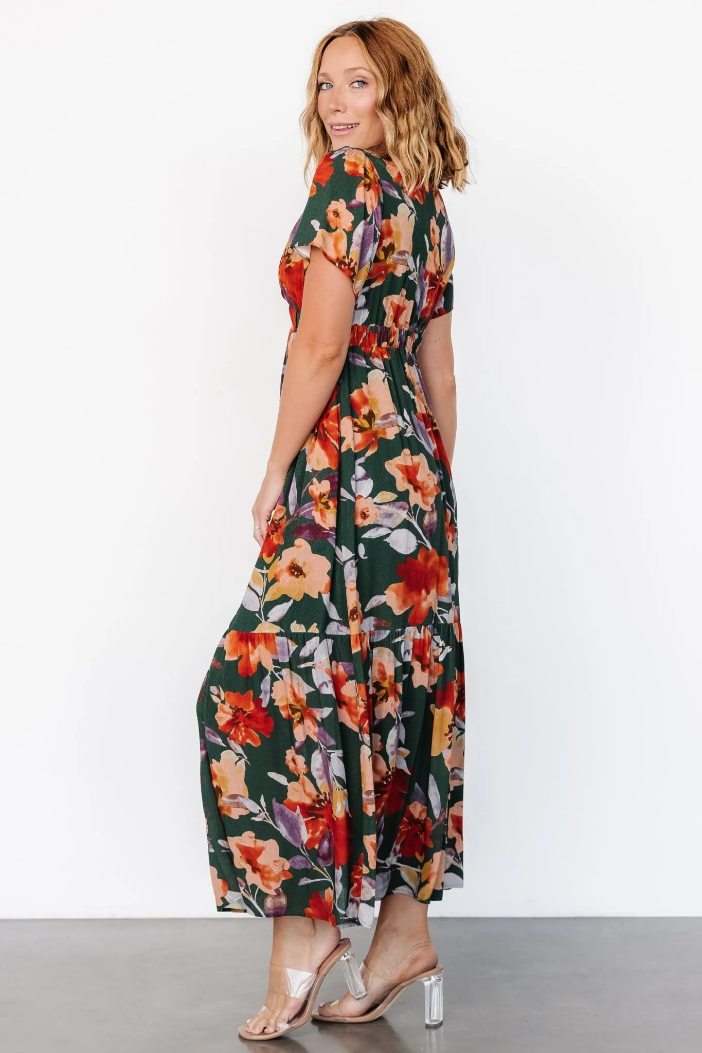 Cassie Short Sleeve Dress | Dark Green Floral