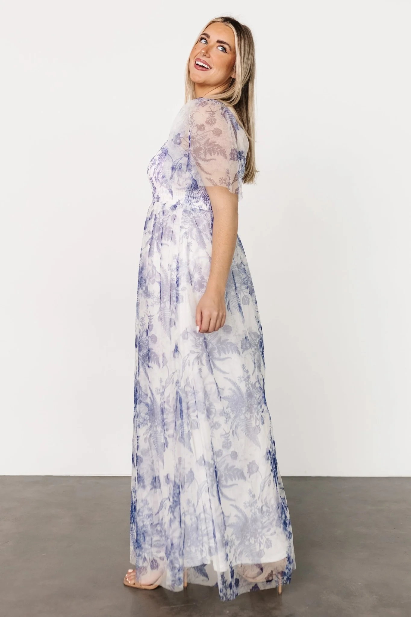Cassandra Tulle Maxi Dress | Blue + White Floral