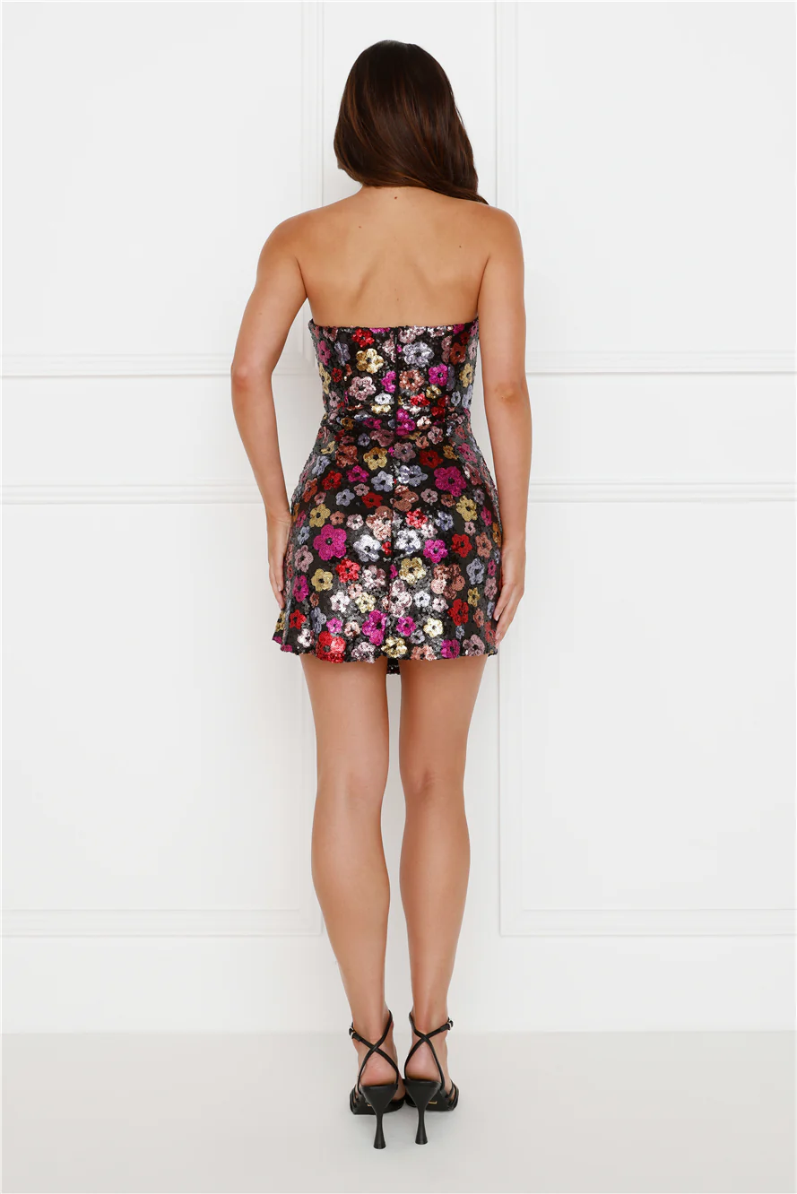Floral Glitter Sequin Strapless Mini Dress Black