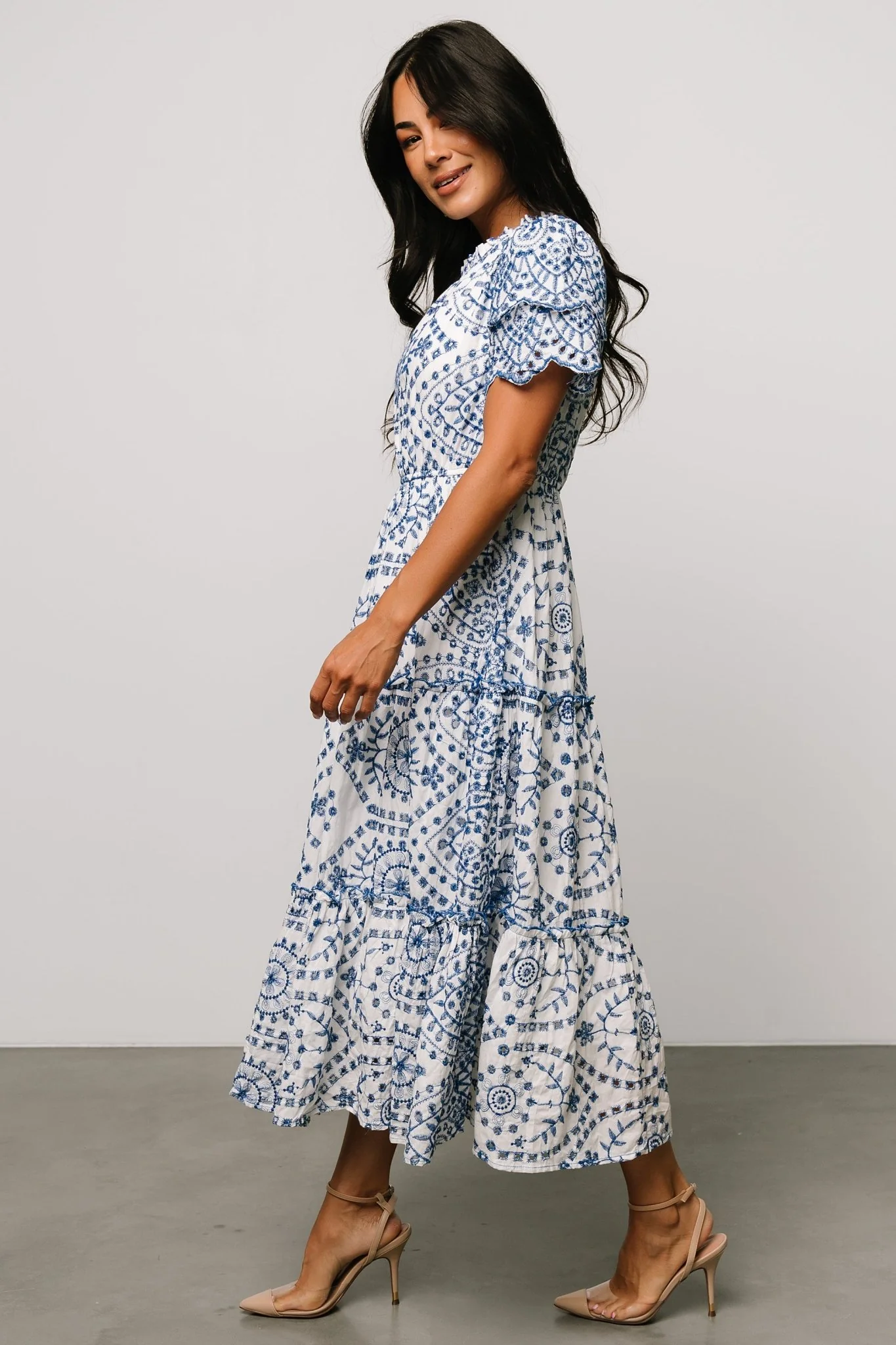 Mirabel Eyelet Midi Dress | White + Blue
