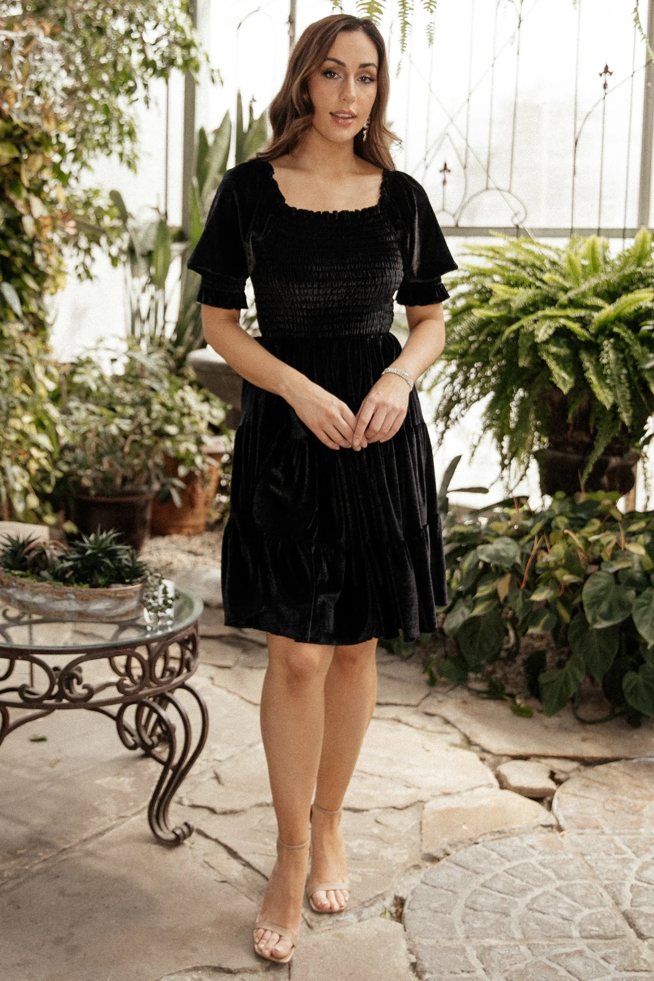 Bliss Smocked Velvet Short Dress | Black