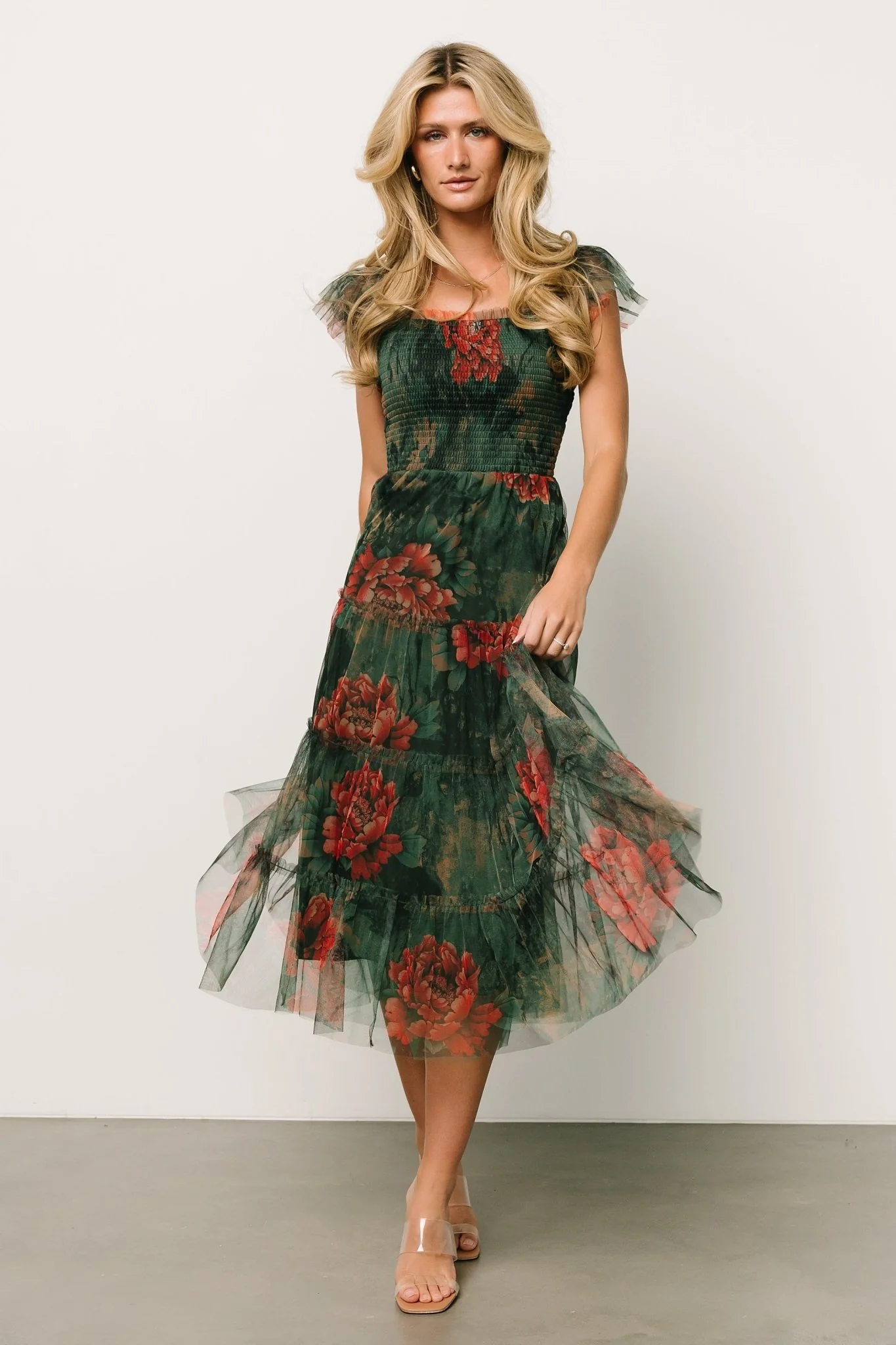 Clementine Tulle Midi Dress | Dark Green Floral