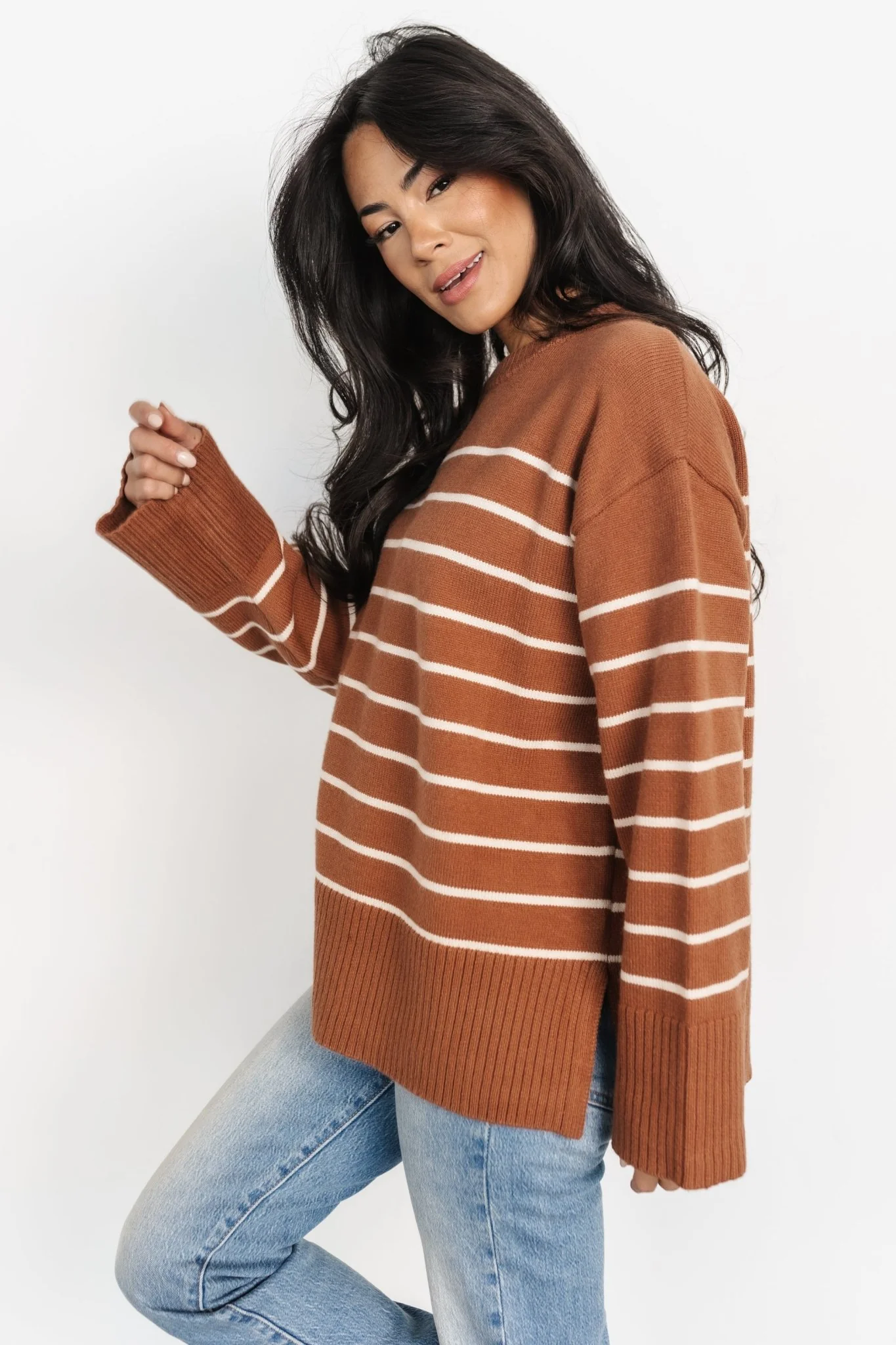Emerson Stripe Knit Sweater | Dark Camel + Ivory