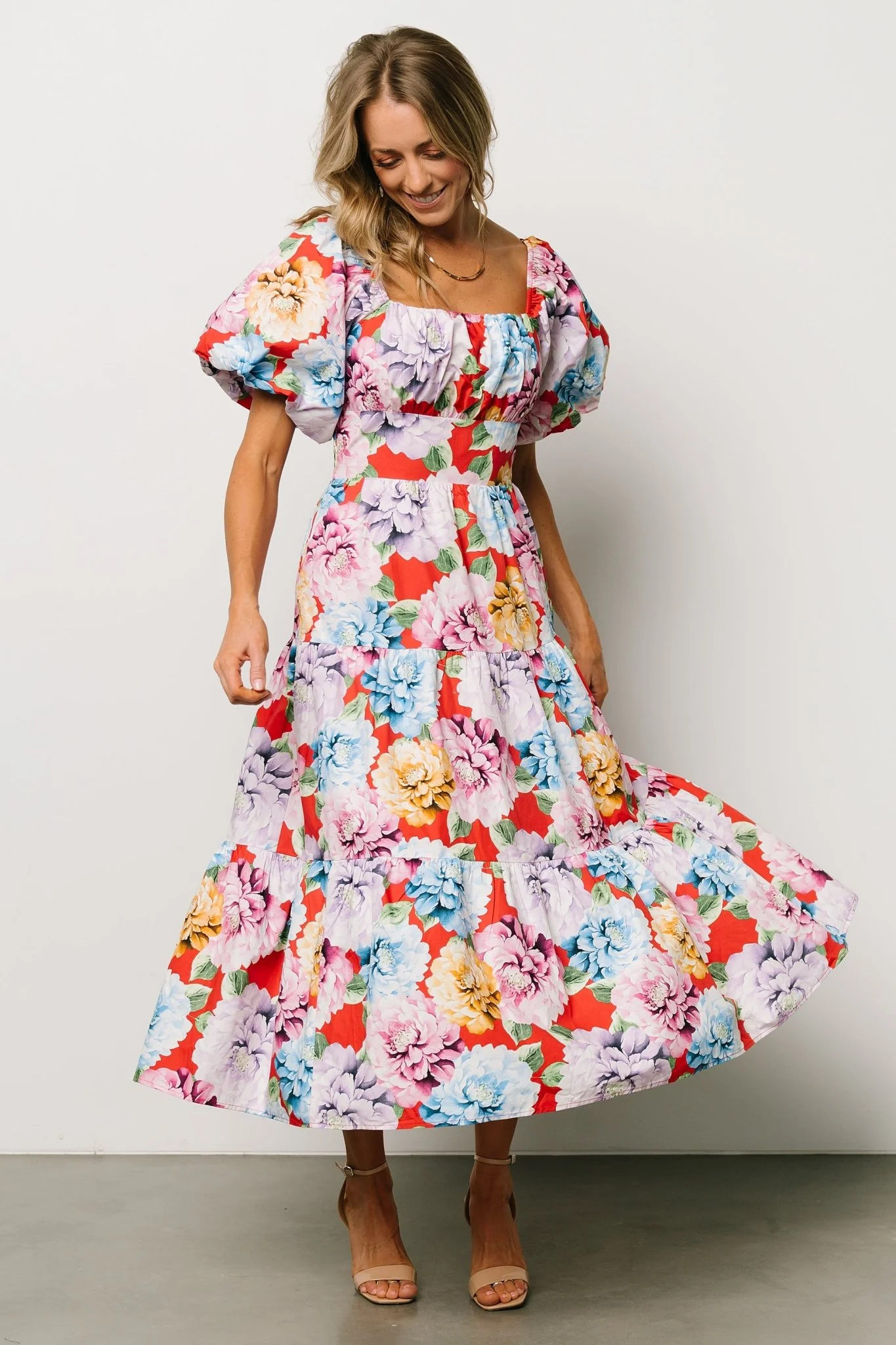 Iva Puff Sleeve Midi Dress | Red Multi Floral