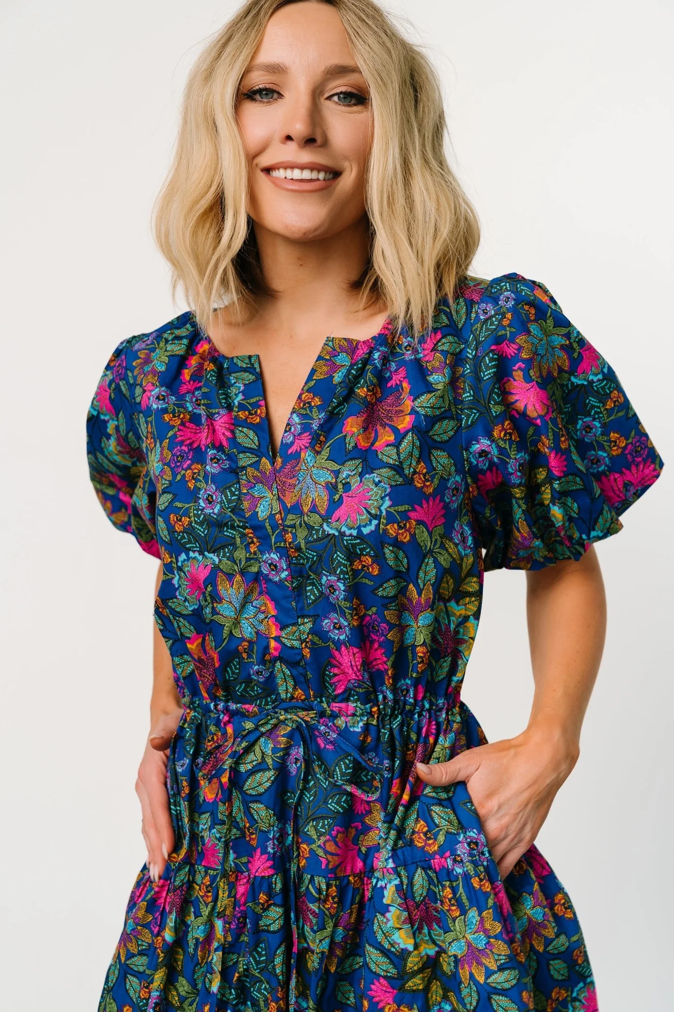 Karol Puff Sleeve Midi Dress | Blue Multi