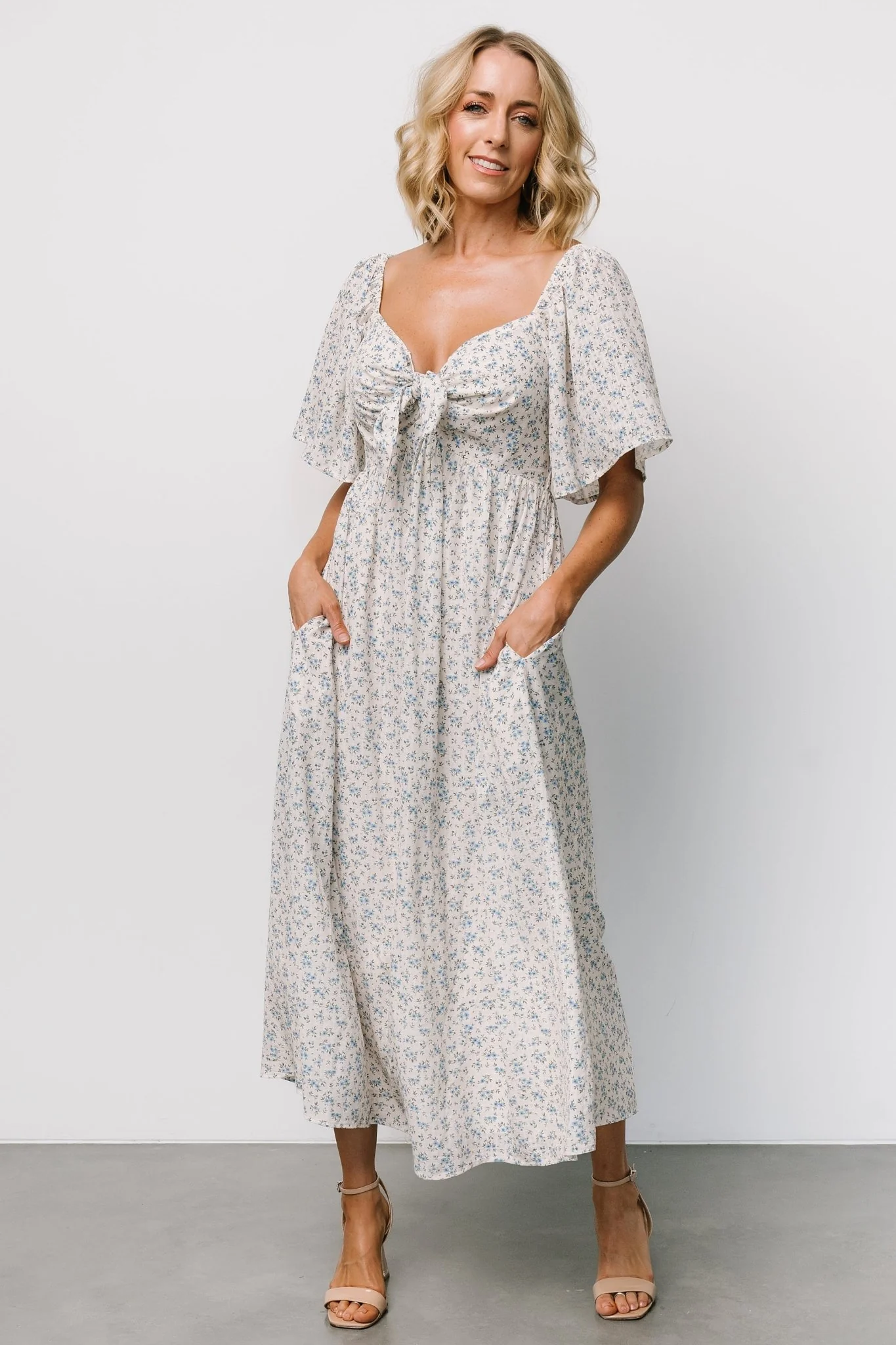 Carah Tie Dress | Off White + Blue Floral