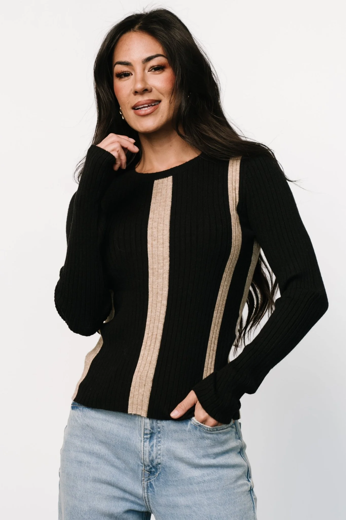 Jolene Ribbed Sweater Top | Black + Tan Stripe