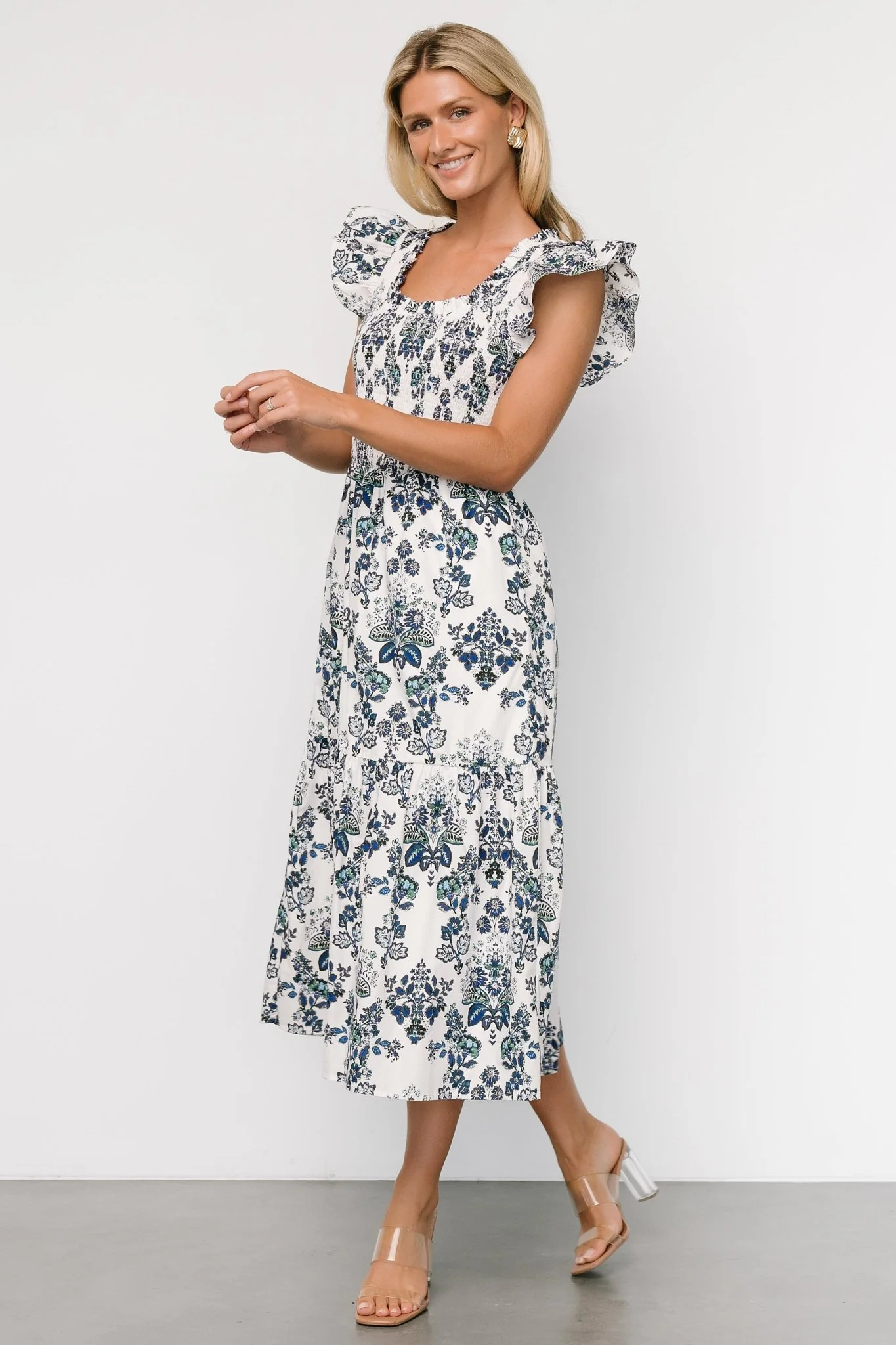 Dominique Midi Dress | White + Cobalt