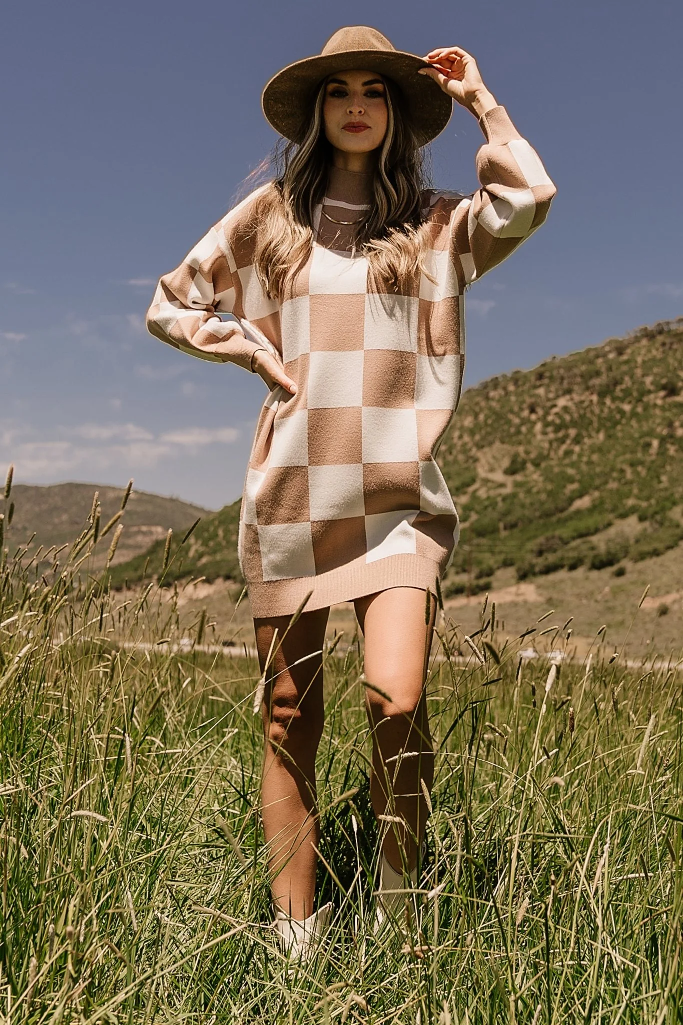 Mattie Checkered Sweater Dress | Taupe