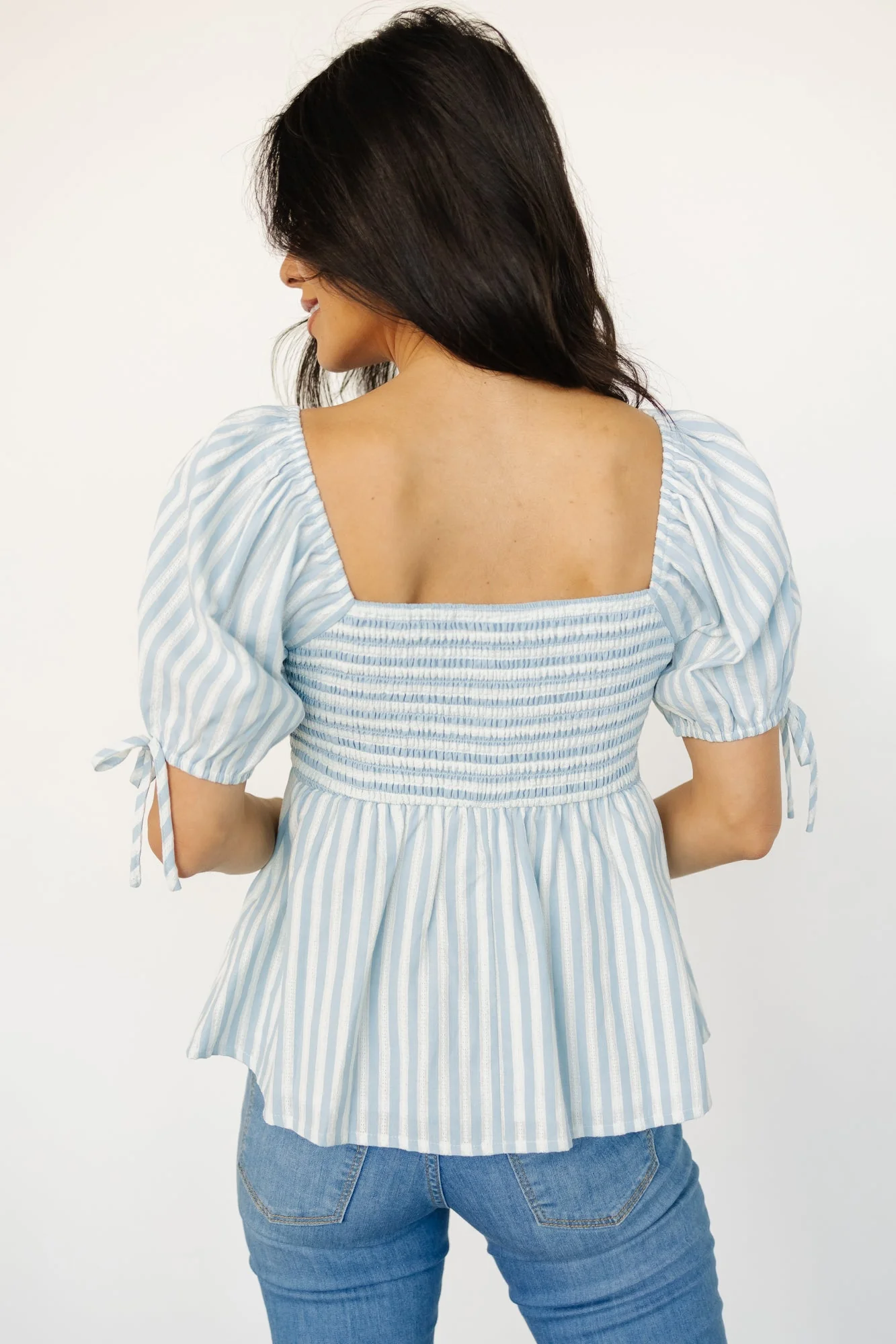 Betsy Peplum Top | Blue + White Stripe