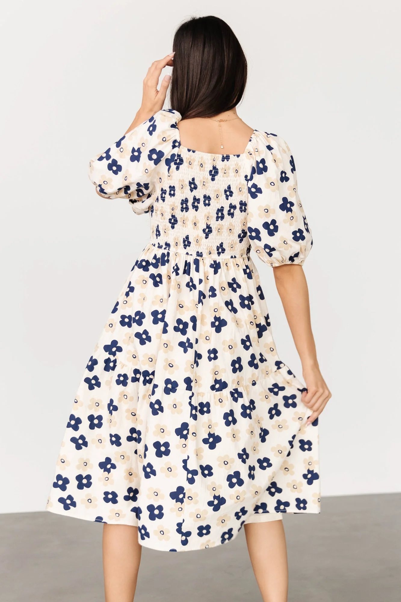 Aimee Puff Sleeve Midi Dress | Natural + Navy