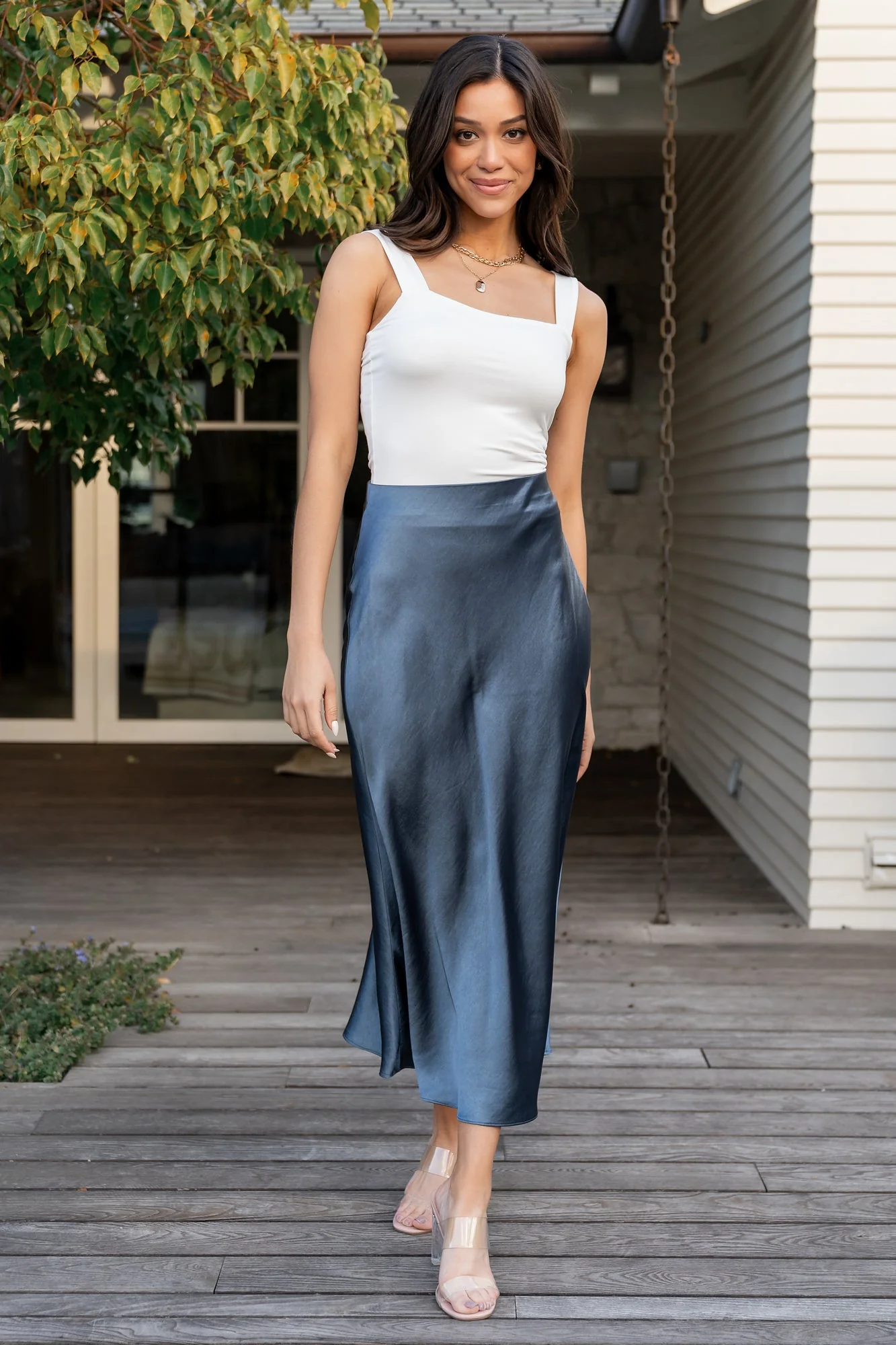 Celeste Satin Midi Skirt | Steel Blue