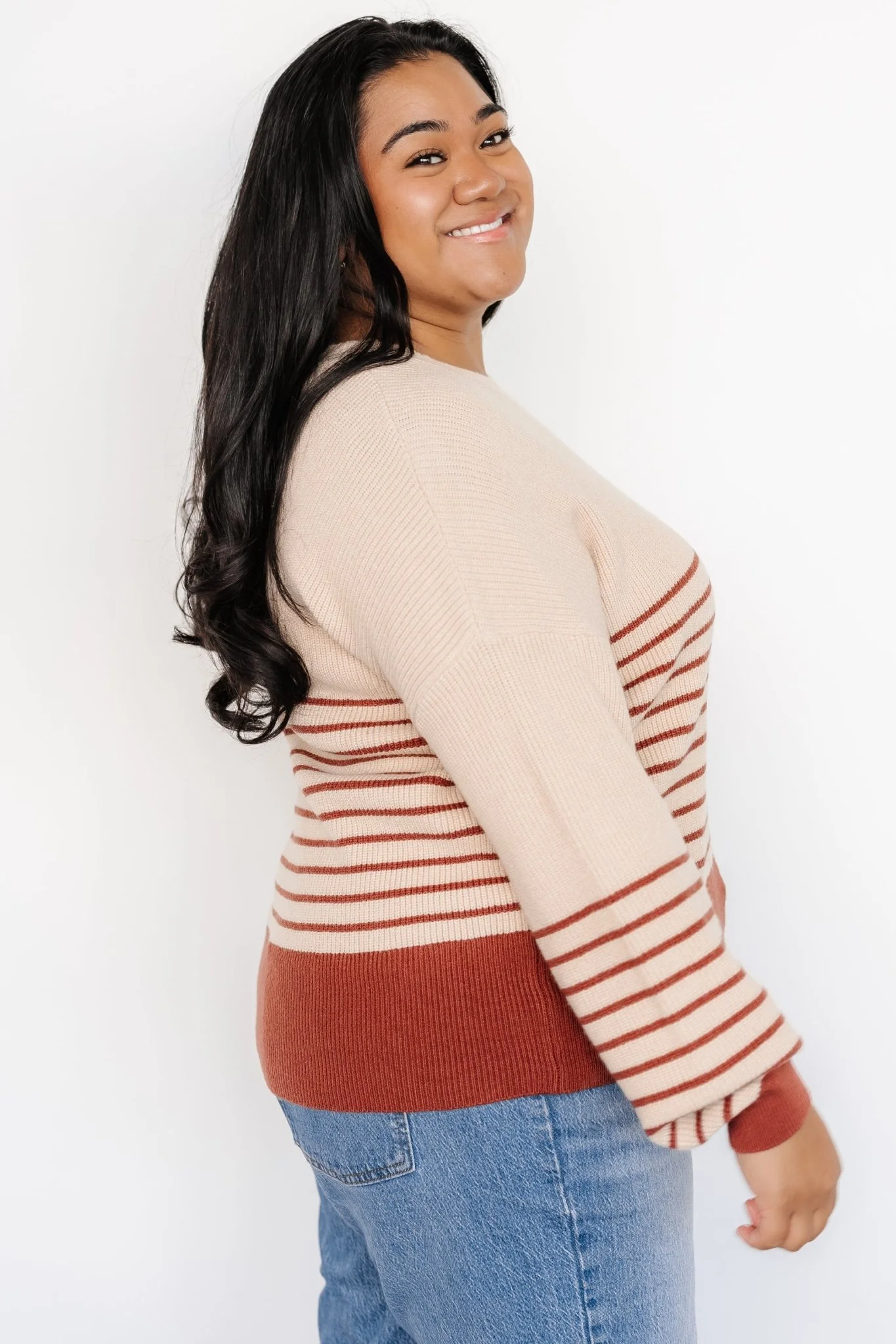 Miles Striped Sweater | Taupe + Marsala
