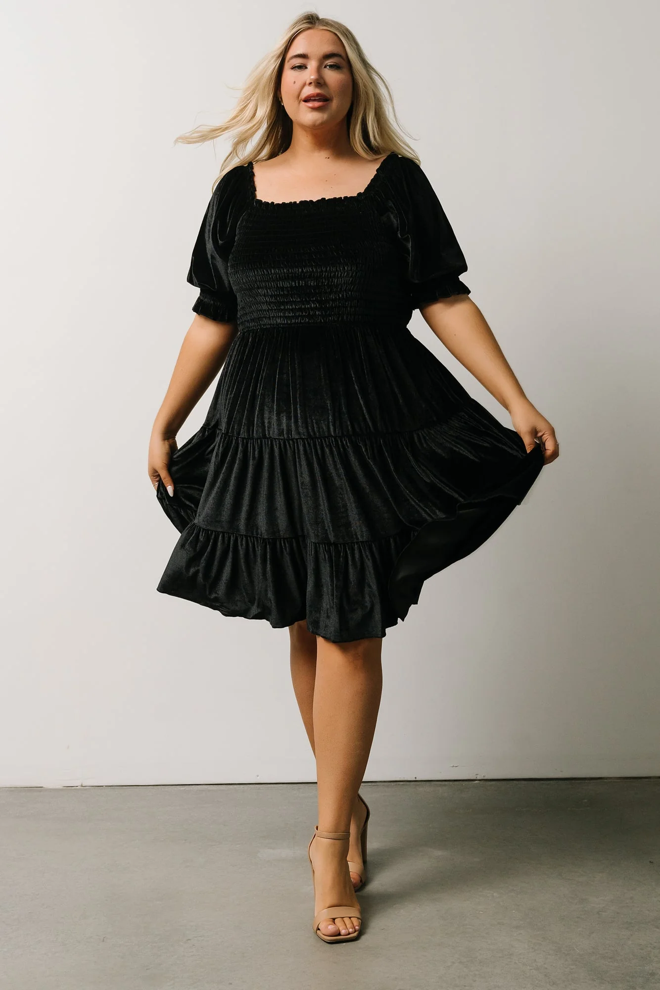 Bliss Smocked Velvet Short Dress | Black