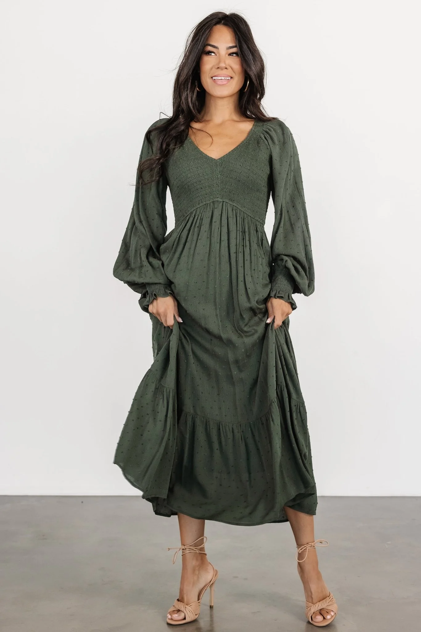 Lainey Smocked Dotted Midi Dress | Deep Olive
