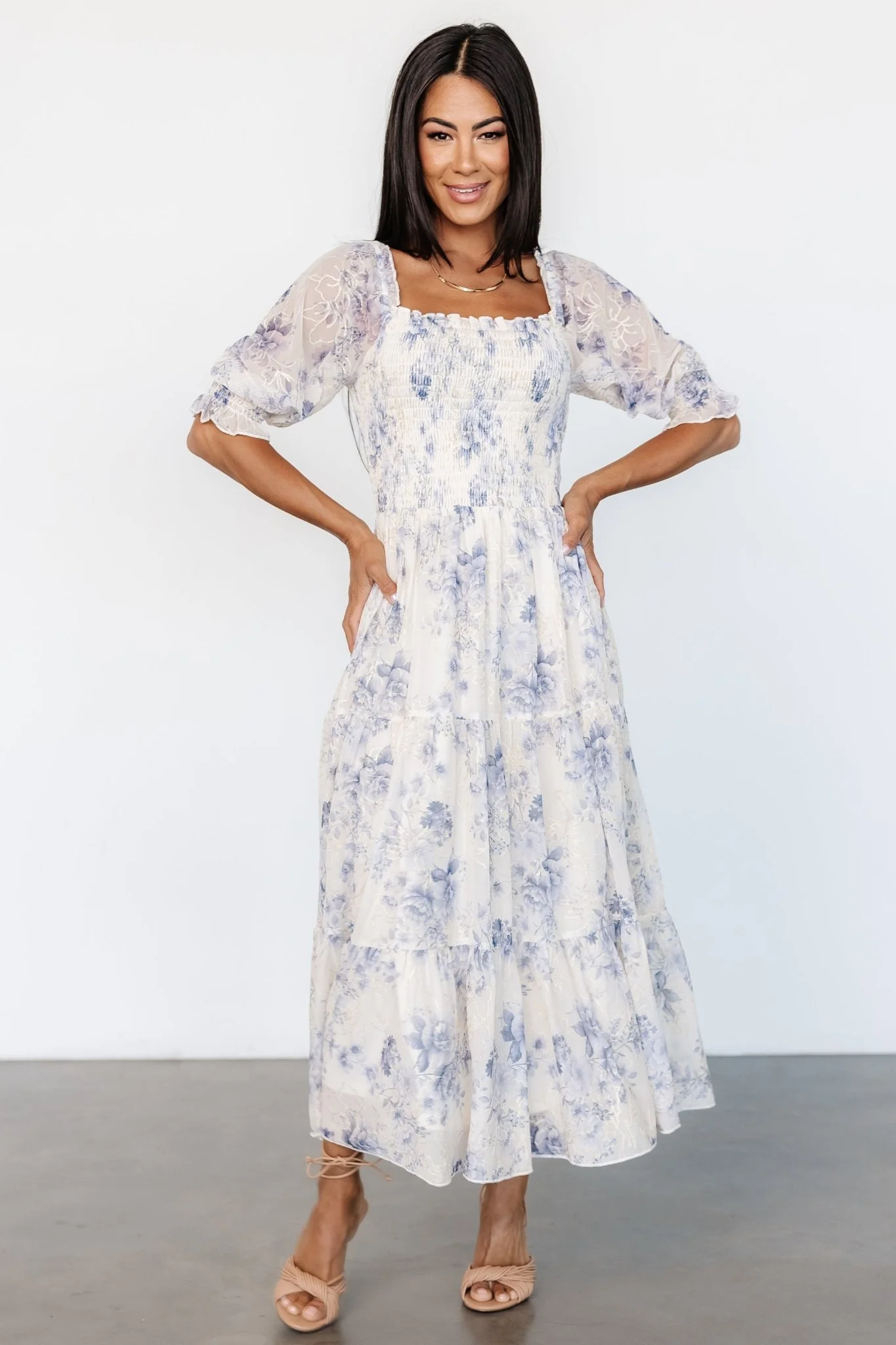 Fabian Jacquard Midi Dress | Cream + Blue Floral