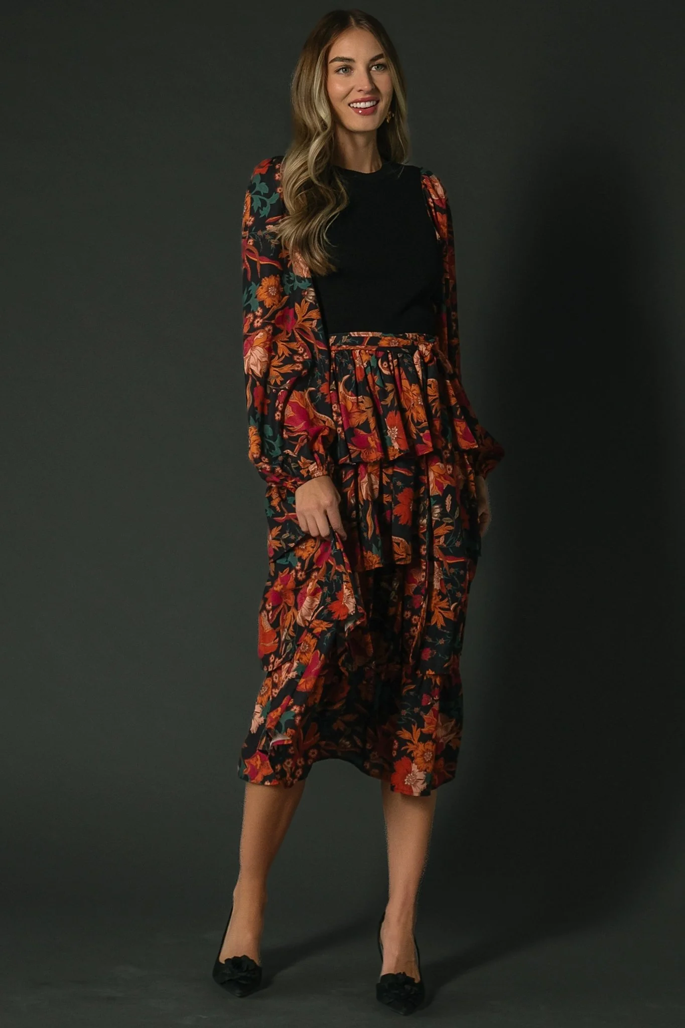 Sylvie Tiered Midi Dress | Black Multi