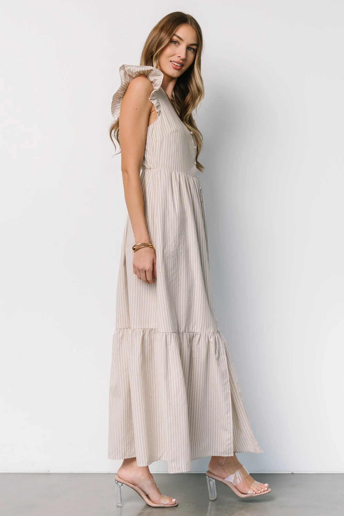 Hettie Button Maxi Dress | Beige Stripe