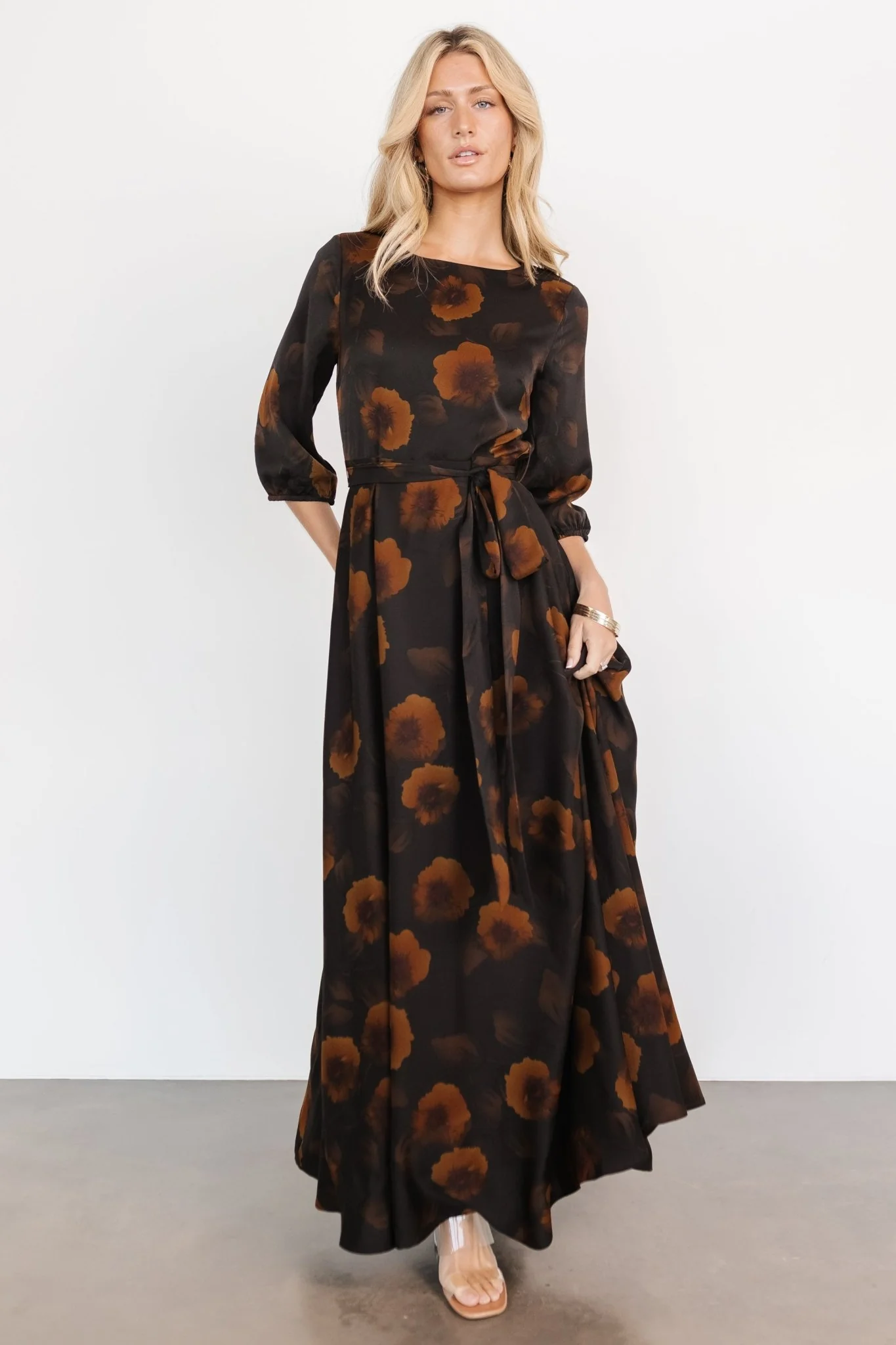 Paula Satin Maxi Dress | Deep Brown Floral