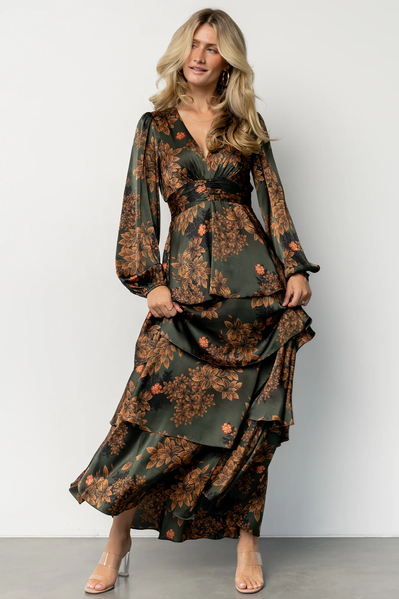 Montrouge Tiered Satin Dress | Olive Floral