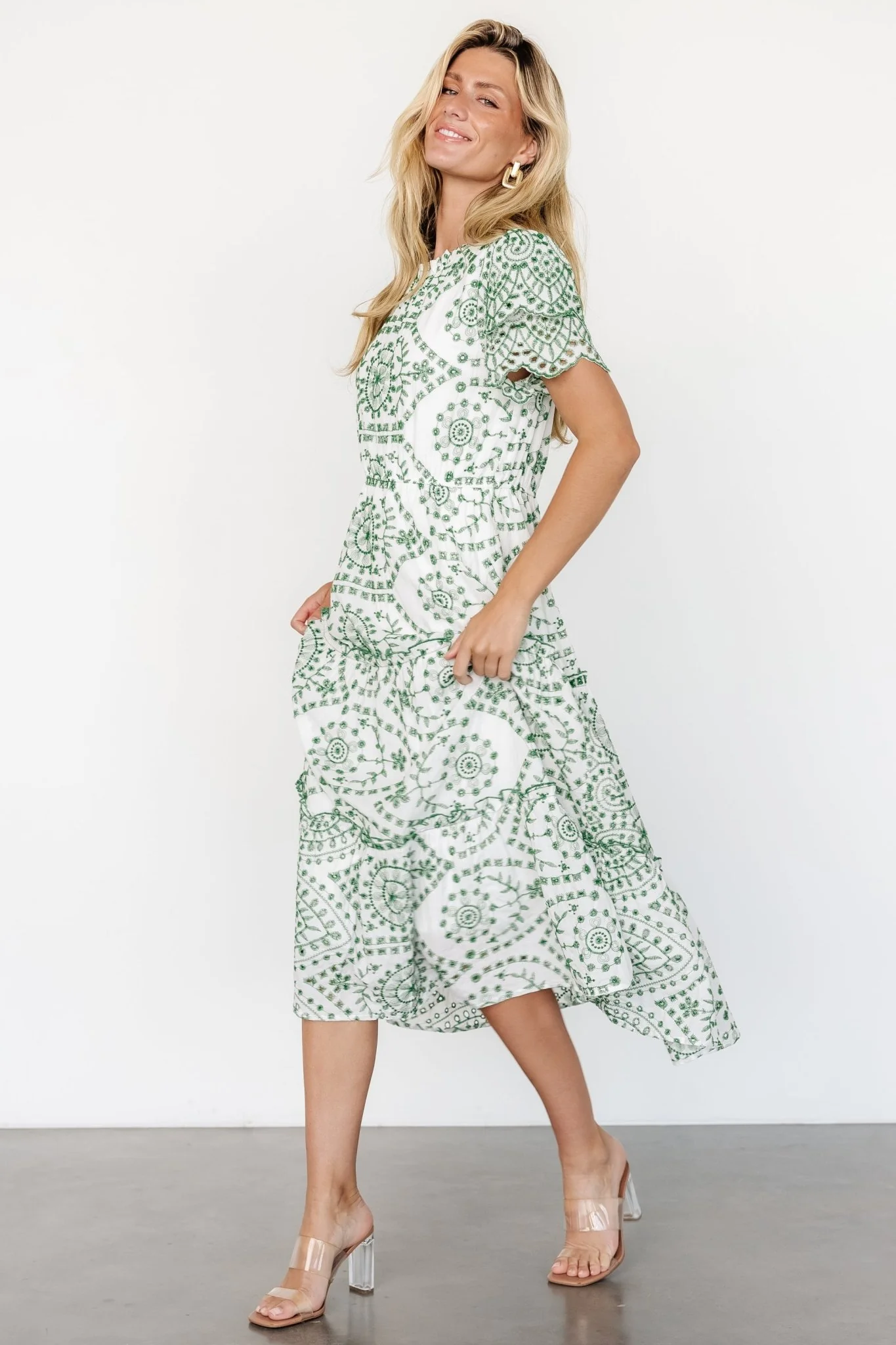 Mirabel Eyelet Midi Dress | White + Green