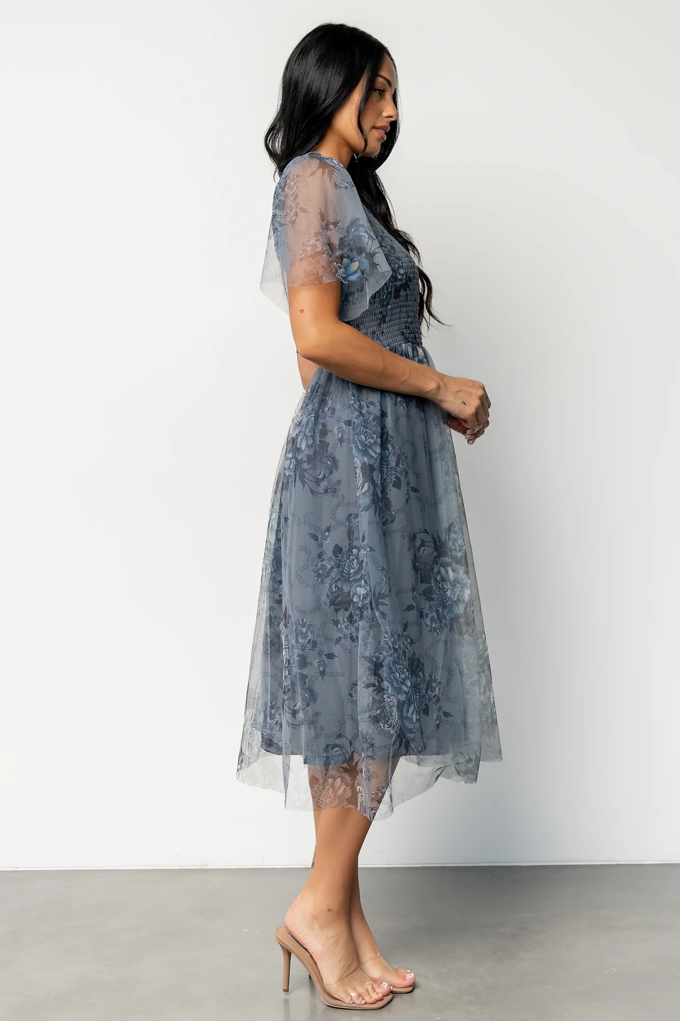 Josie Tulle Midi Dress | Dusty Blue Floral