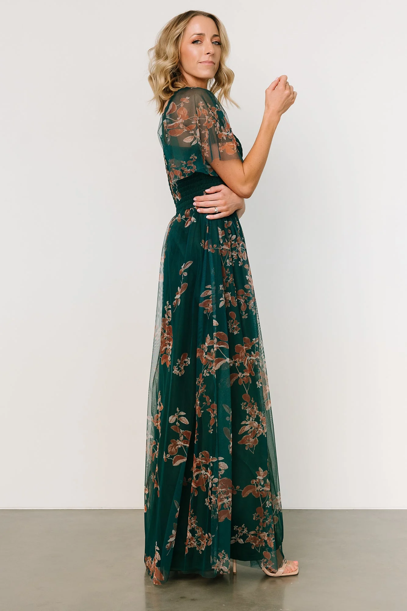 Cassandra Tulle Maxi Dress | Green + Bronze Floral