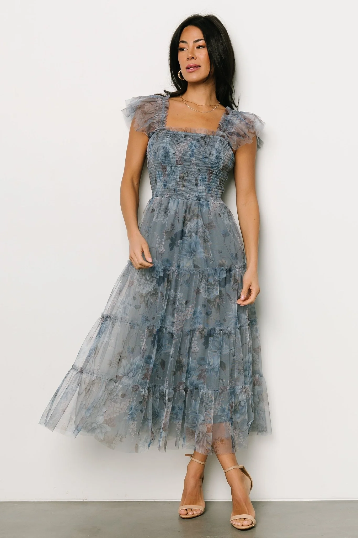 Clementine Tulle Midi Dress | Dusty Blue Floral