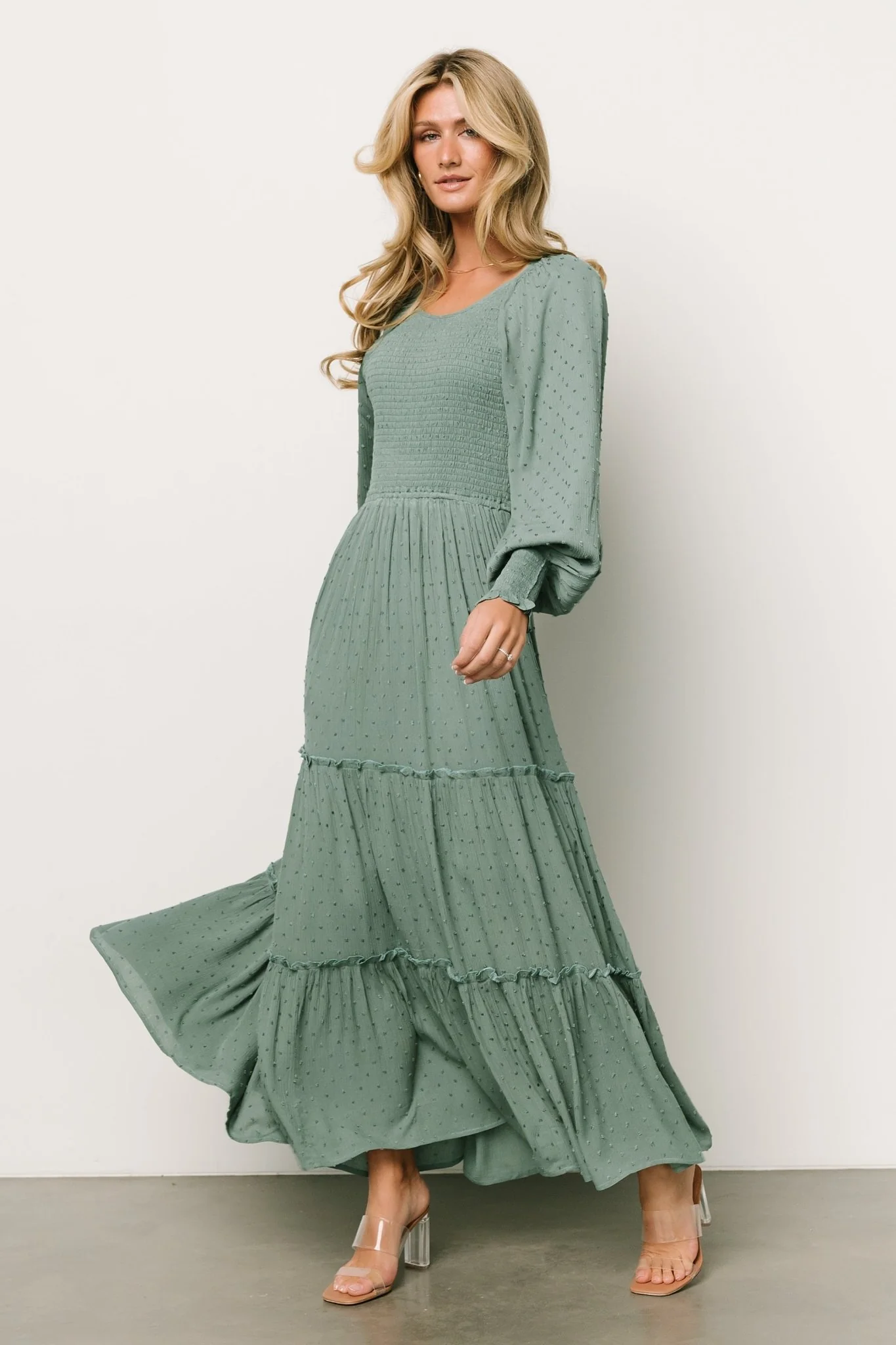 Bayley Smocked Dotted Maxi Dress | Dark Eucalyptus