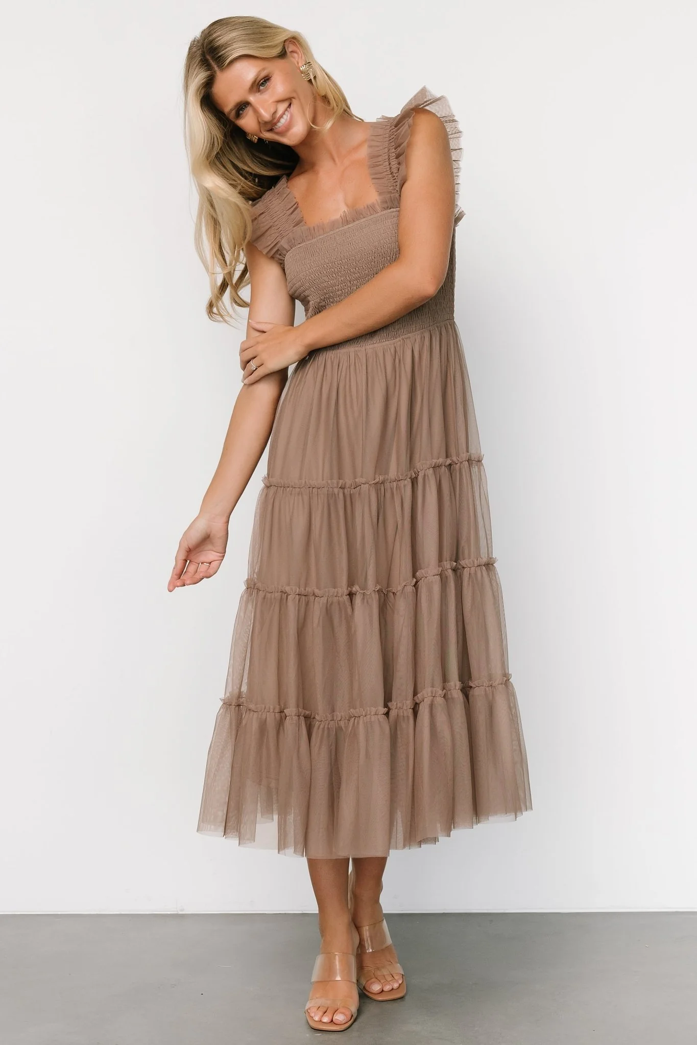 Emma Smocked Tulle Dress | Taupe
