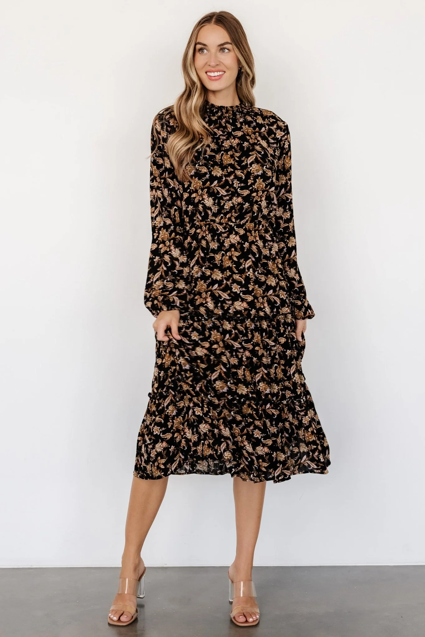 Kenice Mock Neck Dress | Black + Camel Print