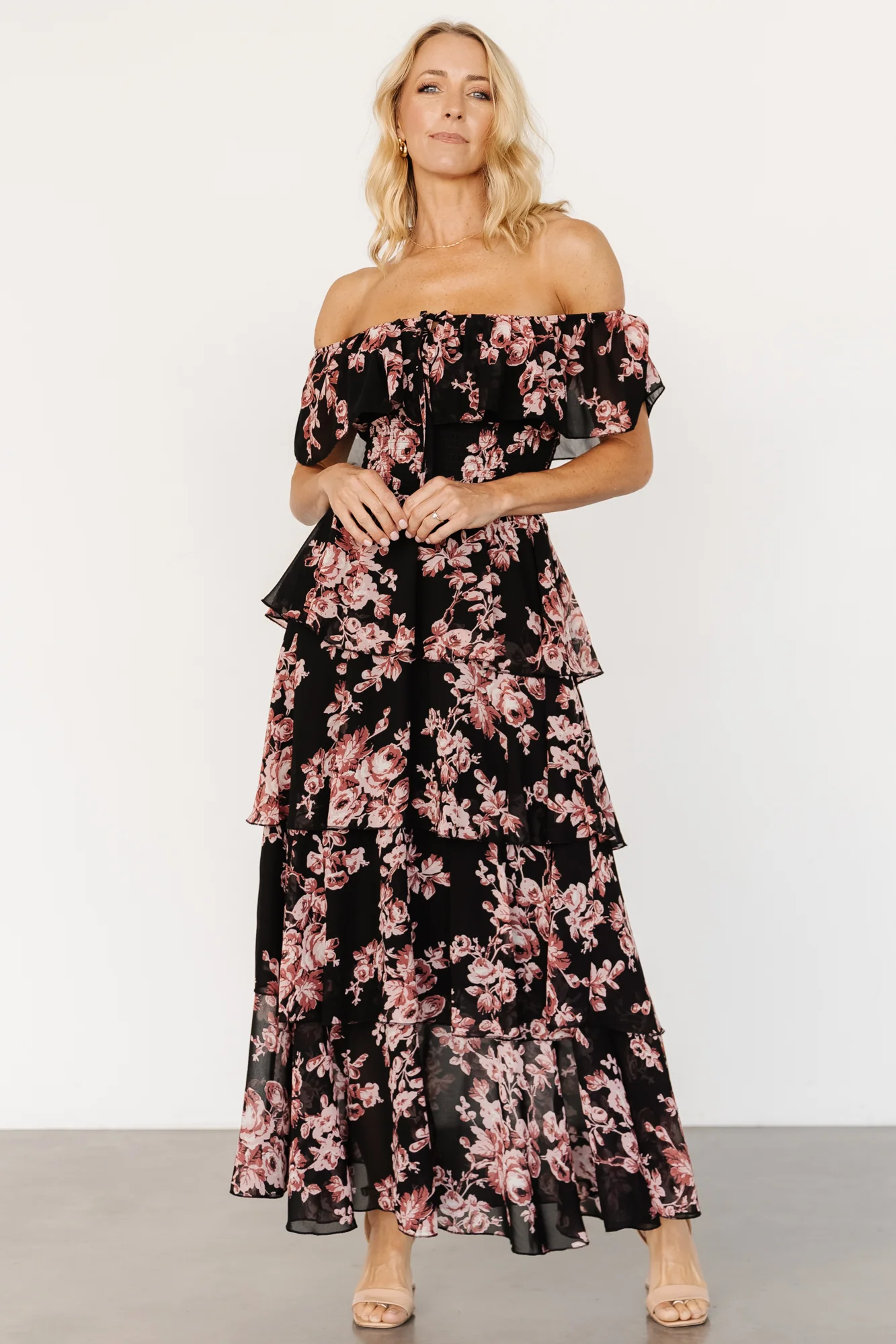 Carina Off Shoulder Maxi Dress | Black + Mauve Floral