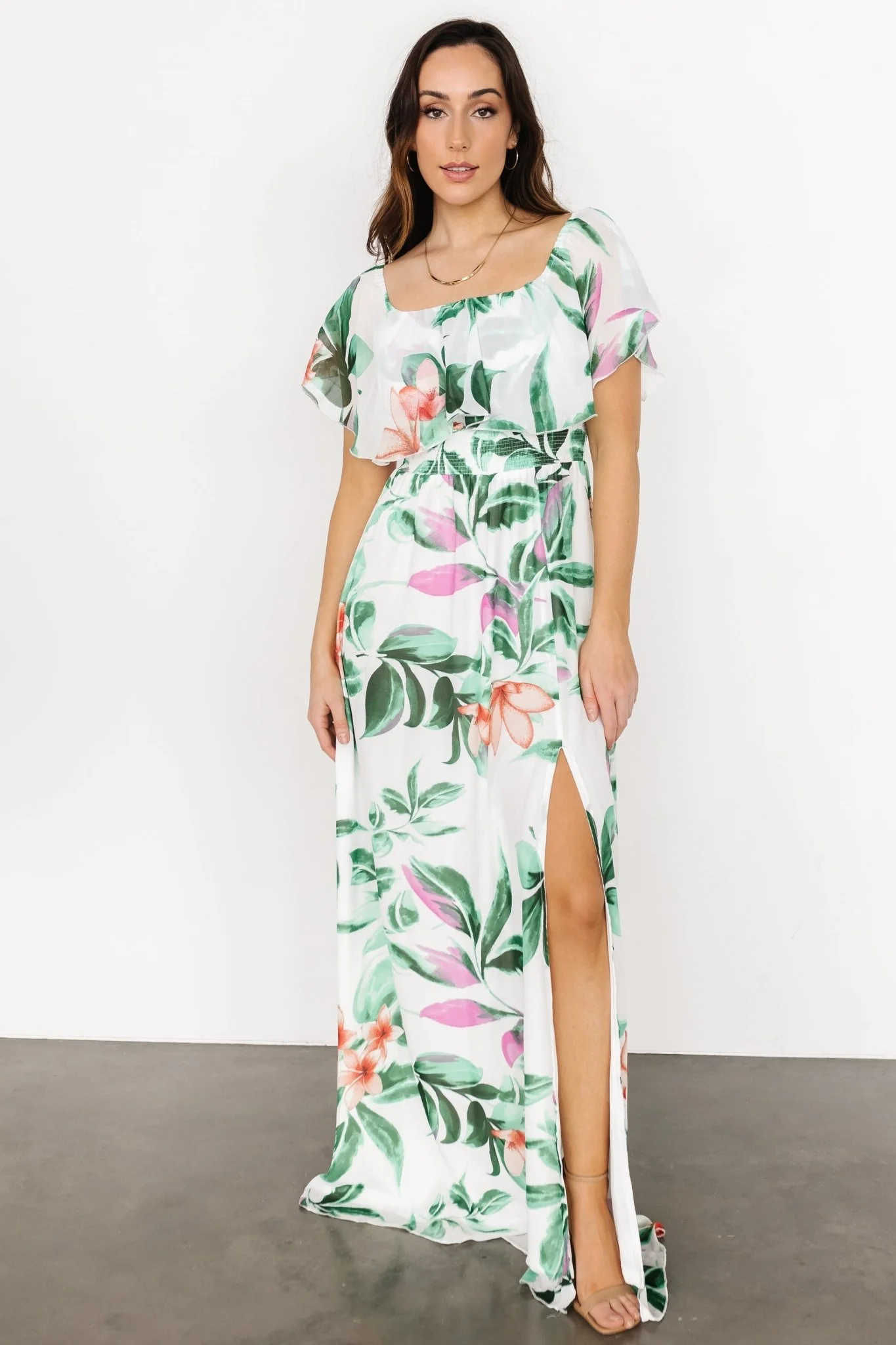 Daphne Off Shoulder Maxi Dress | White + Green Multi Floral