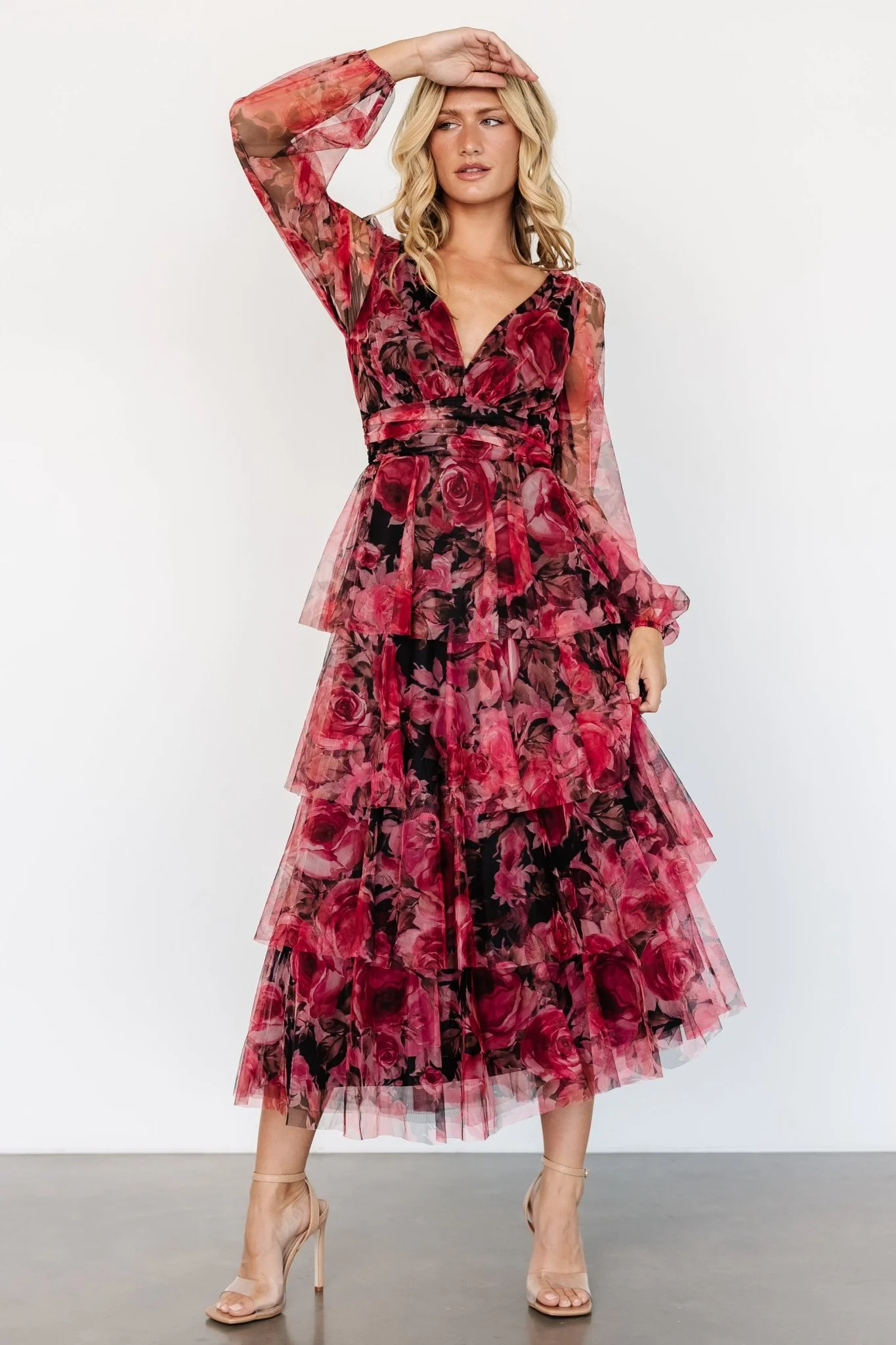Carolina Tulle Tiered Maxi Dress | Red + Black Floral