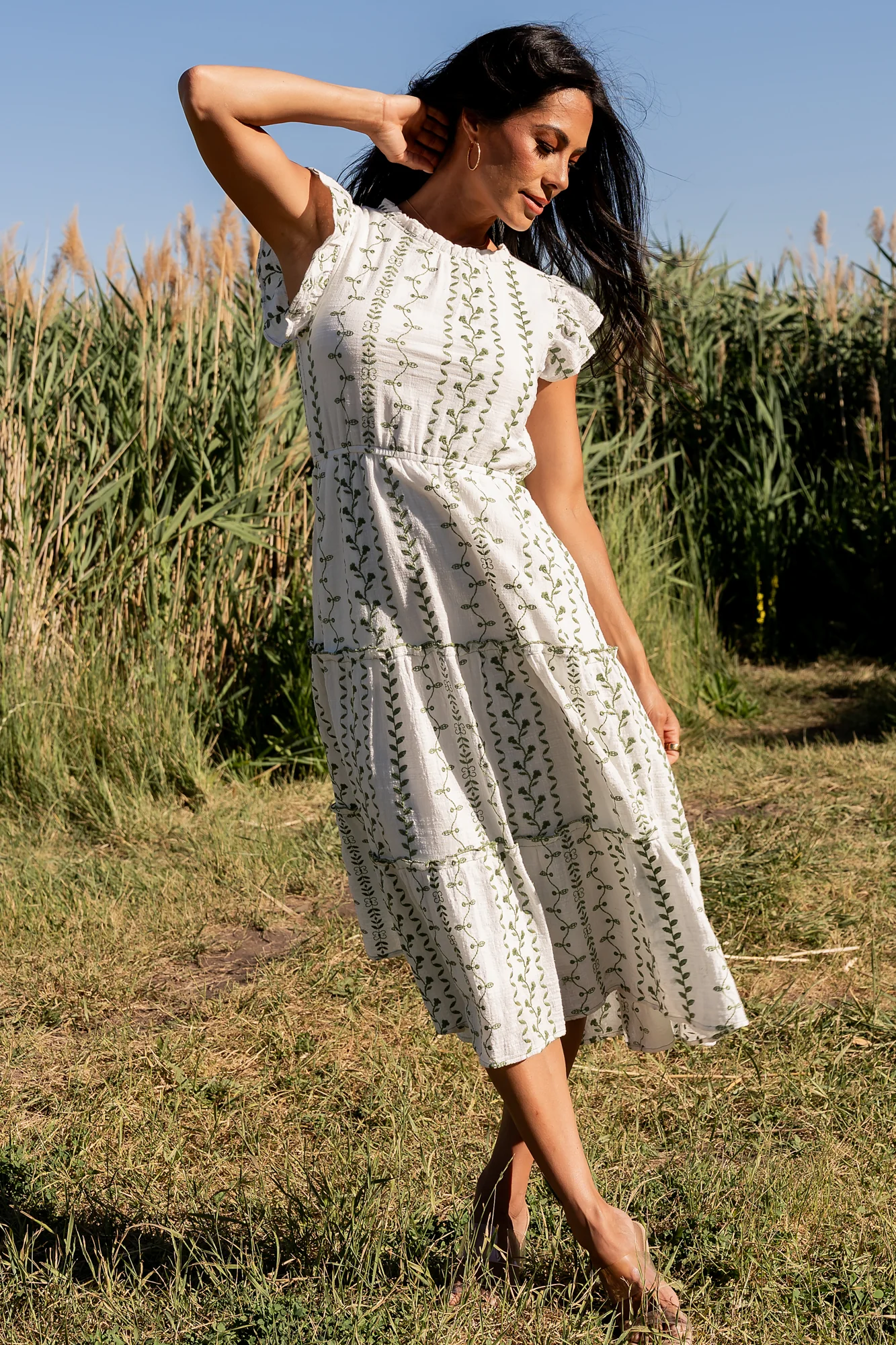 Frida Embroidered Midi Dress | White + Green Print