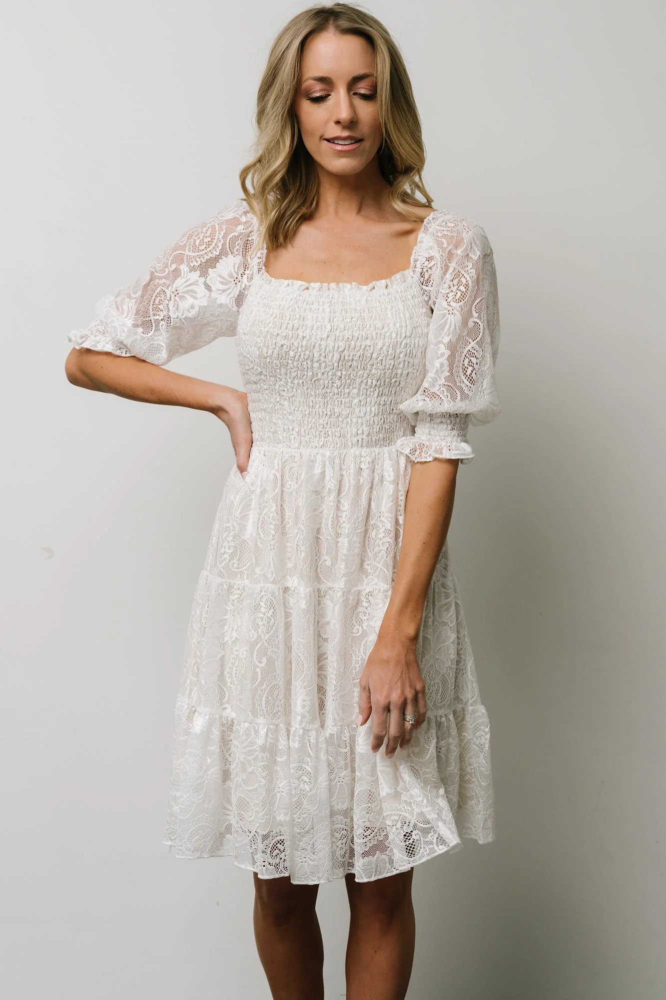 Tate Smocked Lace Short Dress | Off White