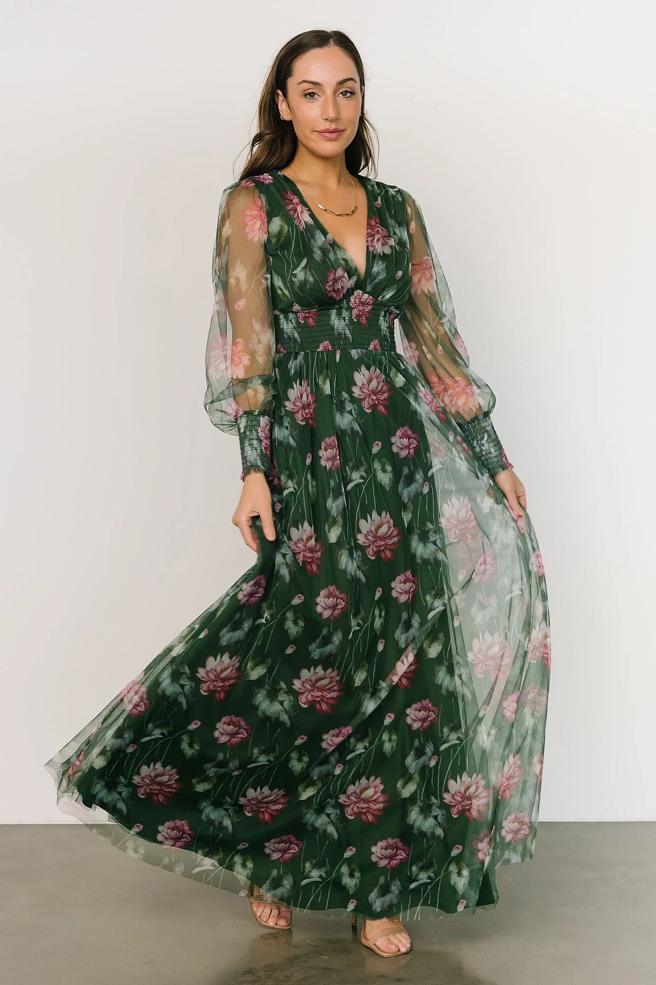 Layla Tulle Maxi Dress | Green + Pink Floral