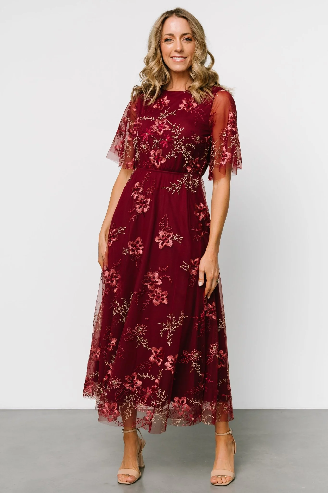 Arabella Embroidered Tulle Maxi Dress | Burgundy Floral