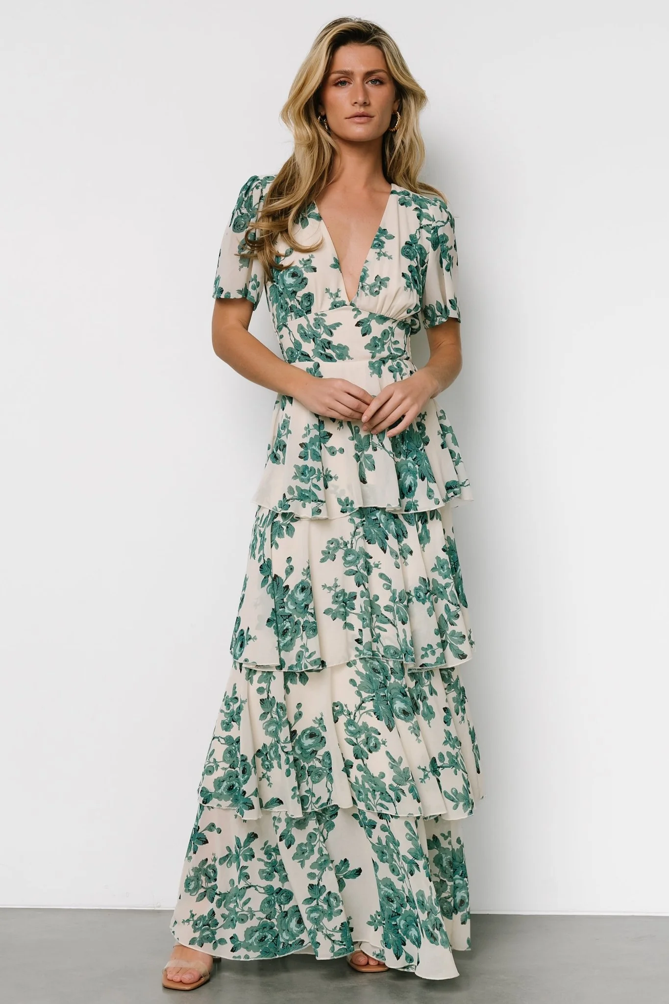 Montaigne Ruffle Maxi Dress | Ivory + Green Floral