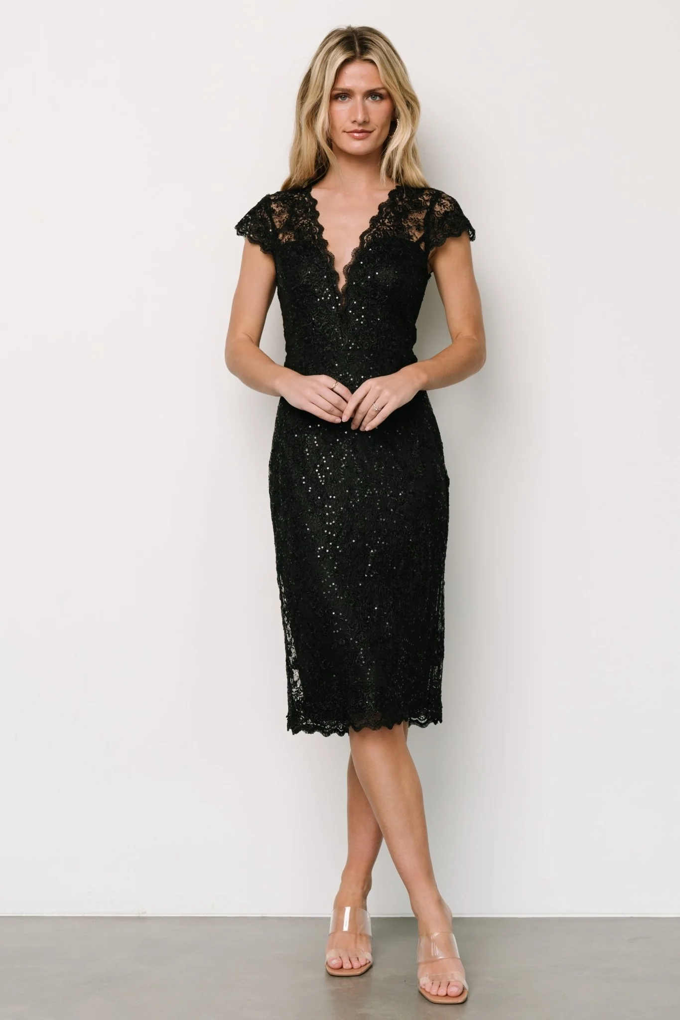 Oriana Embossed Shimmer Midi Dress | Black