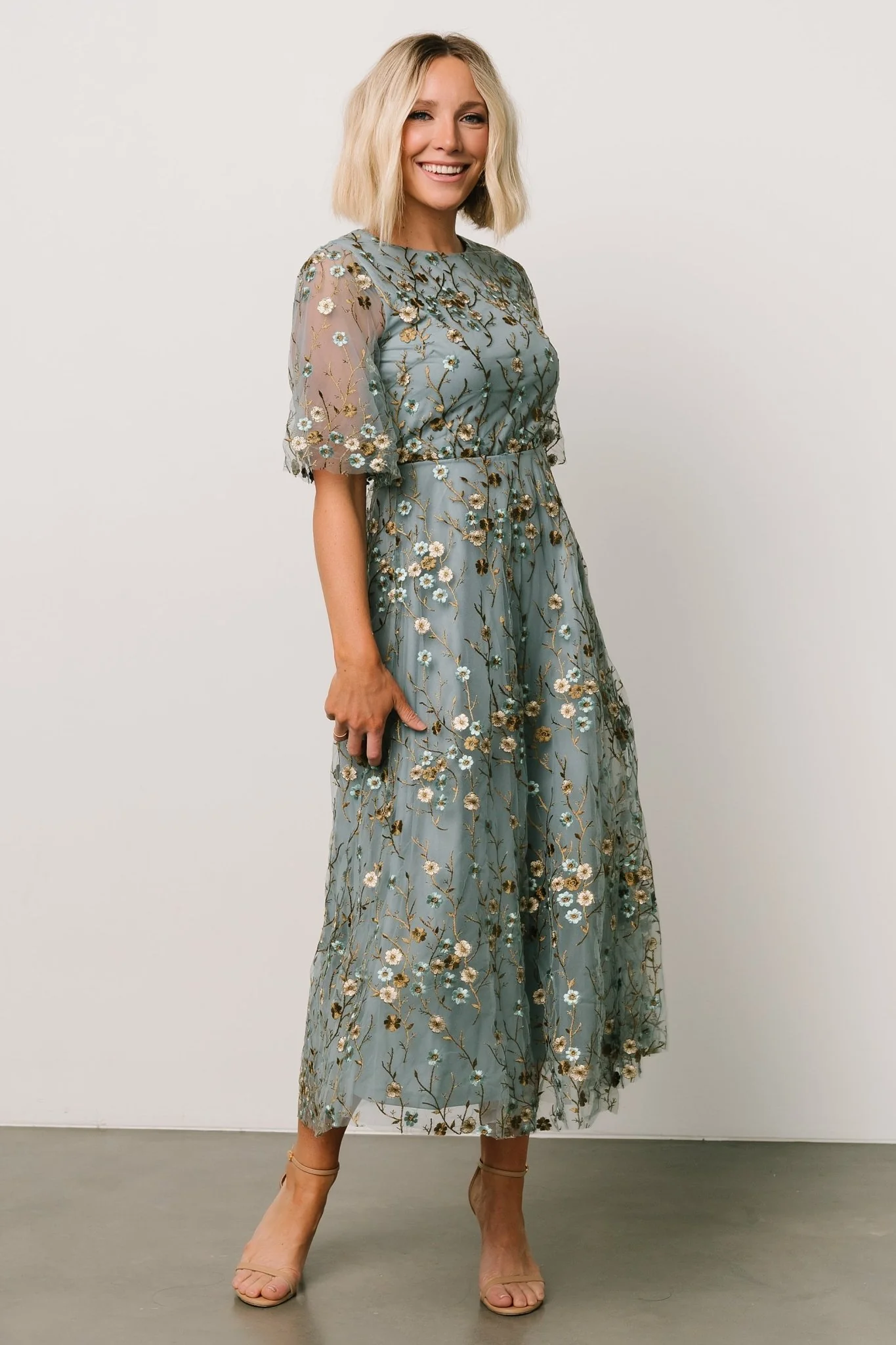 Arabella Embroidered Tulle Maxi Dress | Dusty Blue Floral