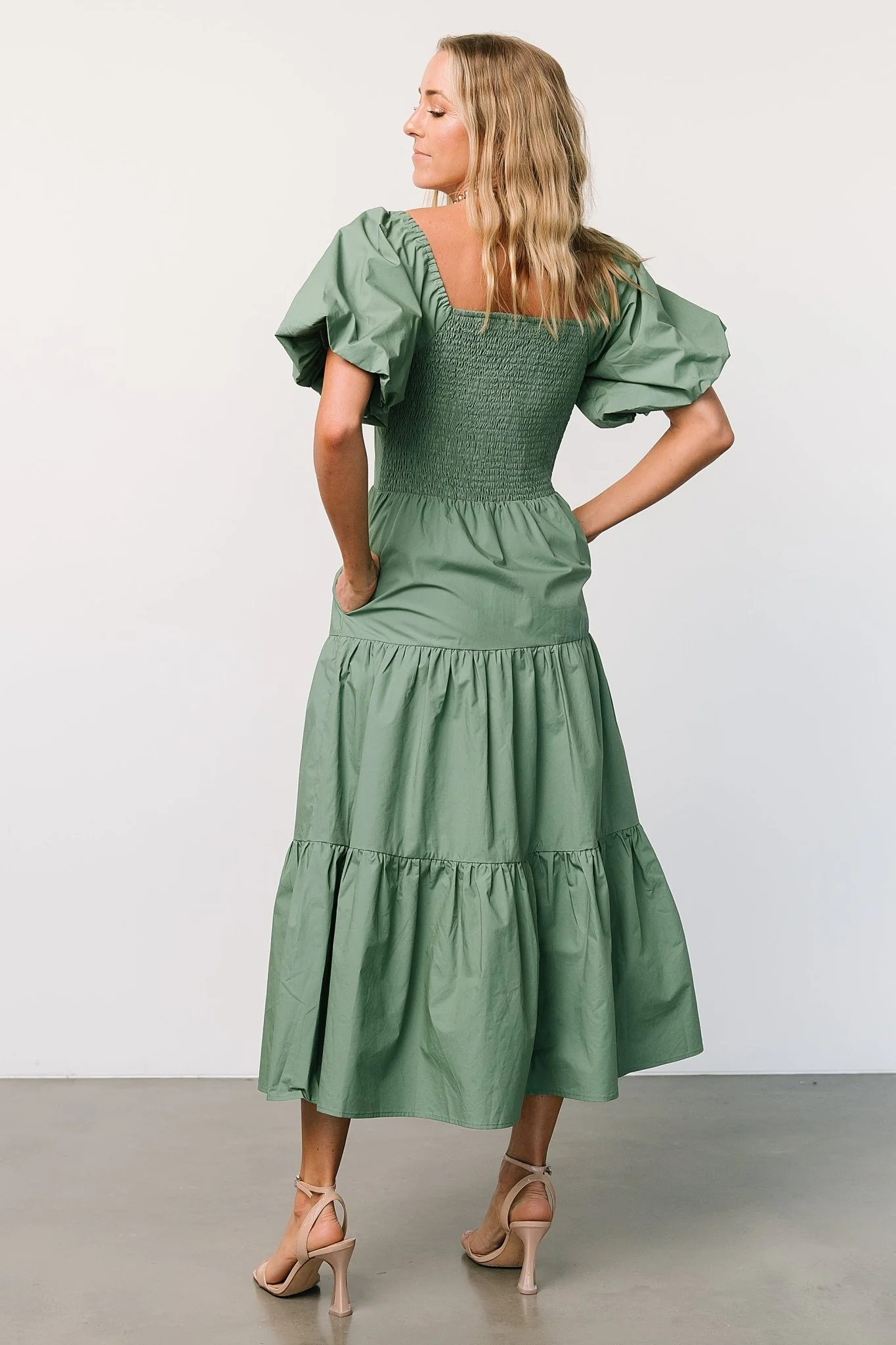 Cindy Puff Sleeve Tiered Dress | Dusty Green