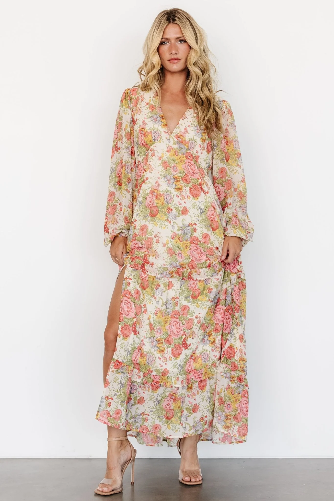 Bowman Deep V Maxi Dress | Cream Multi Floral