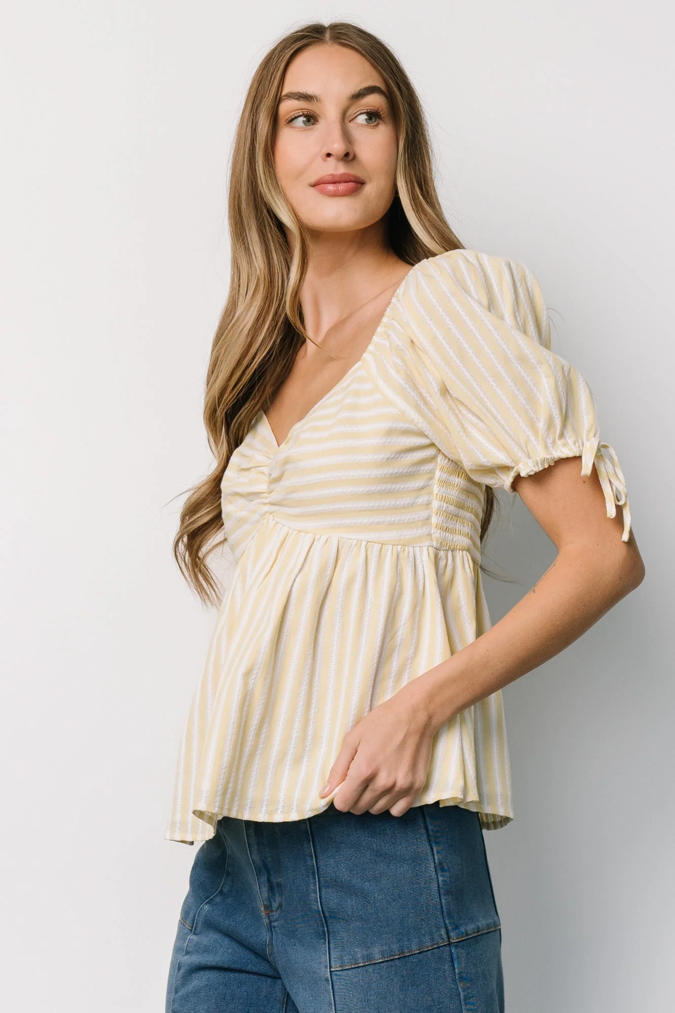 Betsy Peplum Top | Yellow + White Stripe