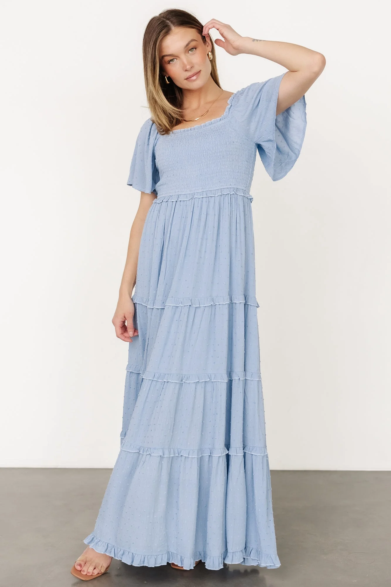 Lenora Smocked Dotted Maxi Dress | Dusty Blue