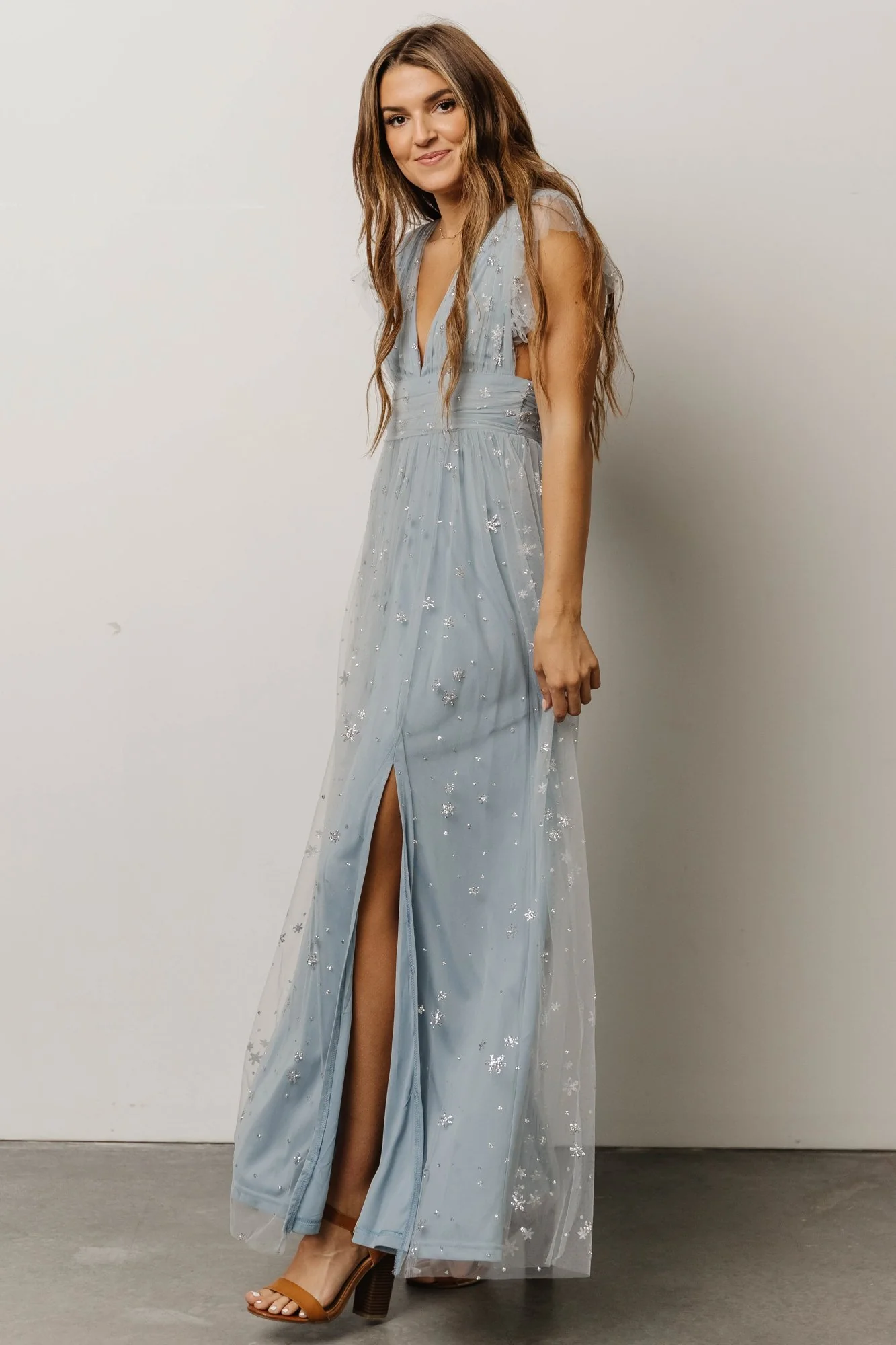 Nova Shimmer Maxi Dress | Dusty Blue + Silver